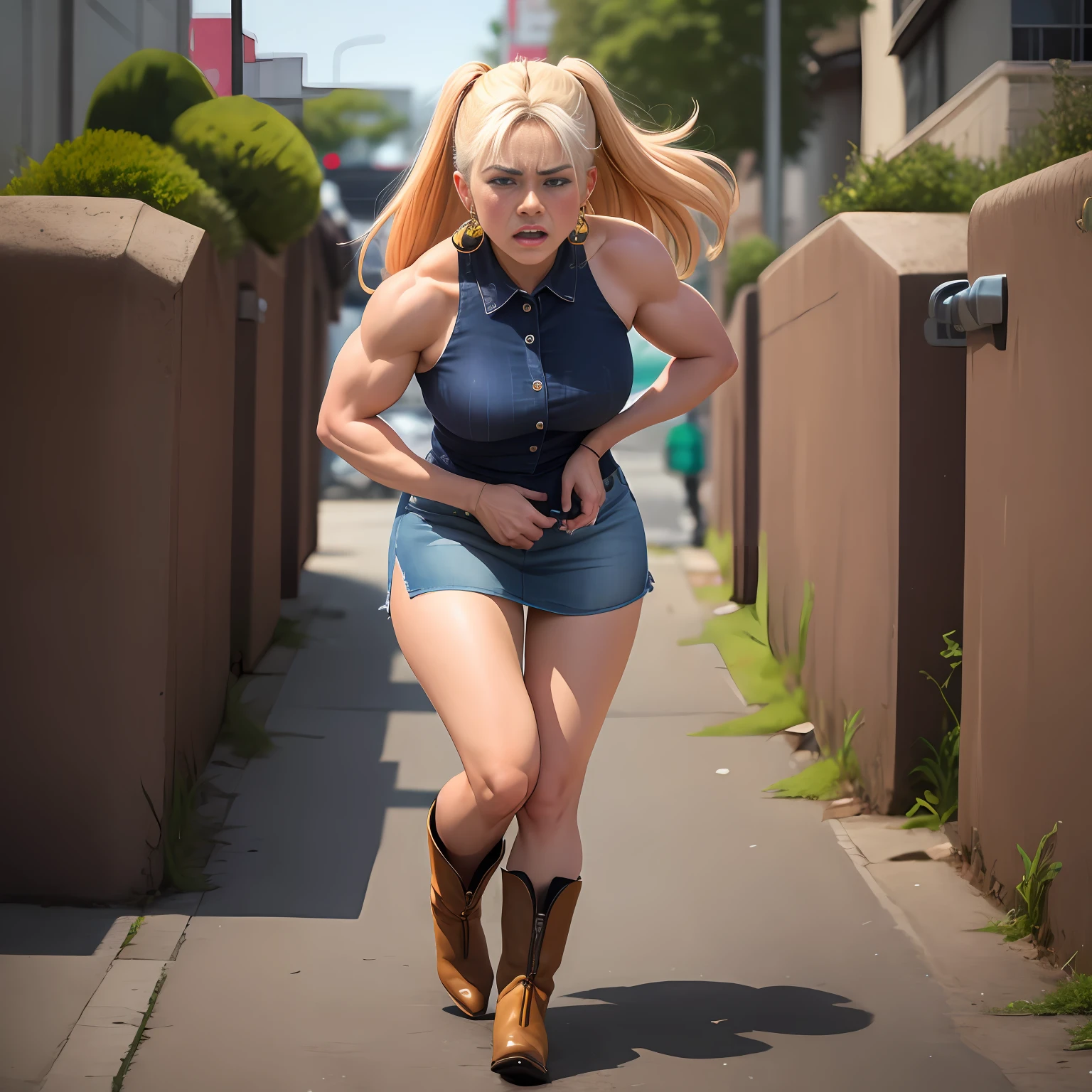 Brazilian, ganguro girl, Two girlfriends, muscular legs, muscular calves, Strong legs, muscular hips, wide hips, Curvy hips, A full body shot, cowboy boots with high heels, short summer dress, large ring earrings, He really wants to pee, running down the street, Coming soon, wants to pee, desperately wants to pee, wants to urinate, An expression of shame on his face, embarrassment, Desperation on the face, Crying, holding on to his stomach, crumples the hem of the skirt with his hands, Knees clenched together, bites his lower lip, full bladder, terribly wants to go to the toilet, anatomically correct, realistic,