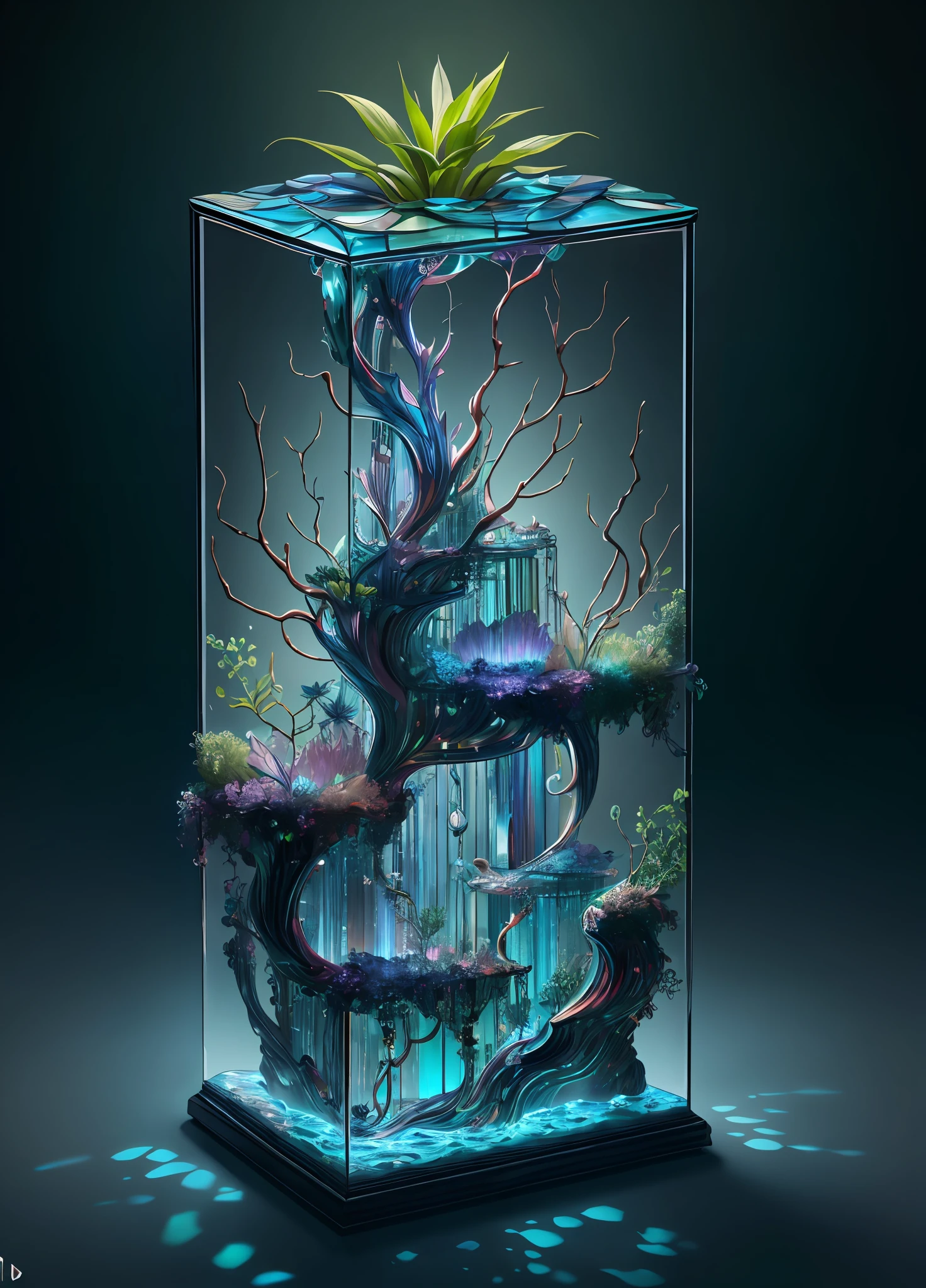 A masterpiece of glass sculpture，There are plants inside，aqua，glowing with，fantastical，hig quality，ahigh details，best quaity，rtx，4k，8k，Halo，deep，mysterious，