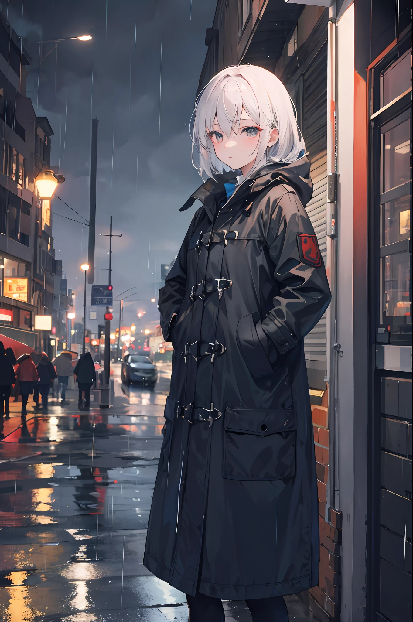 1girl, Night City, rain, coat, hands in pockets