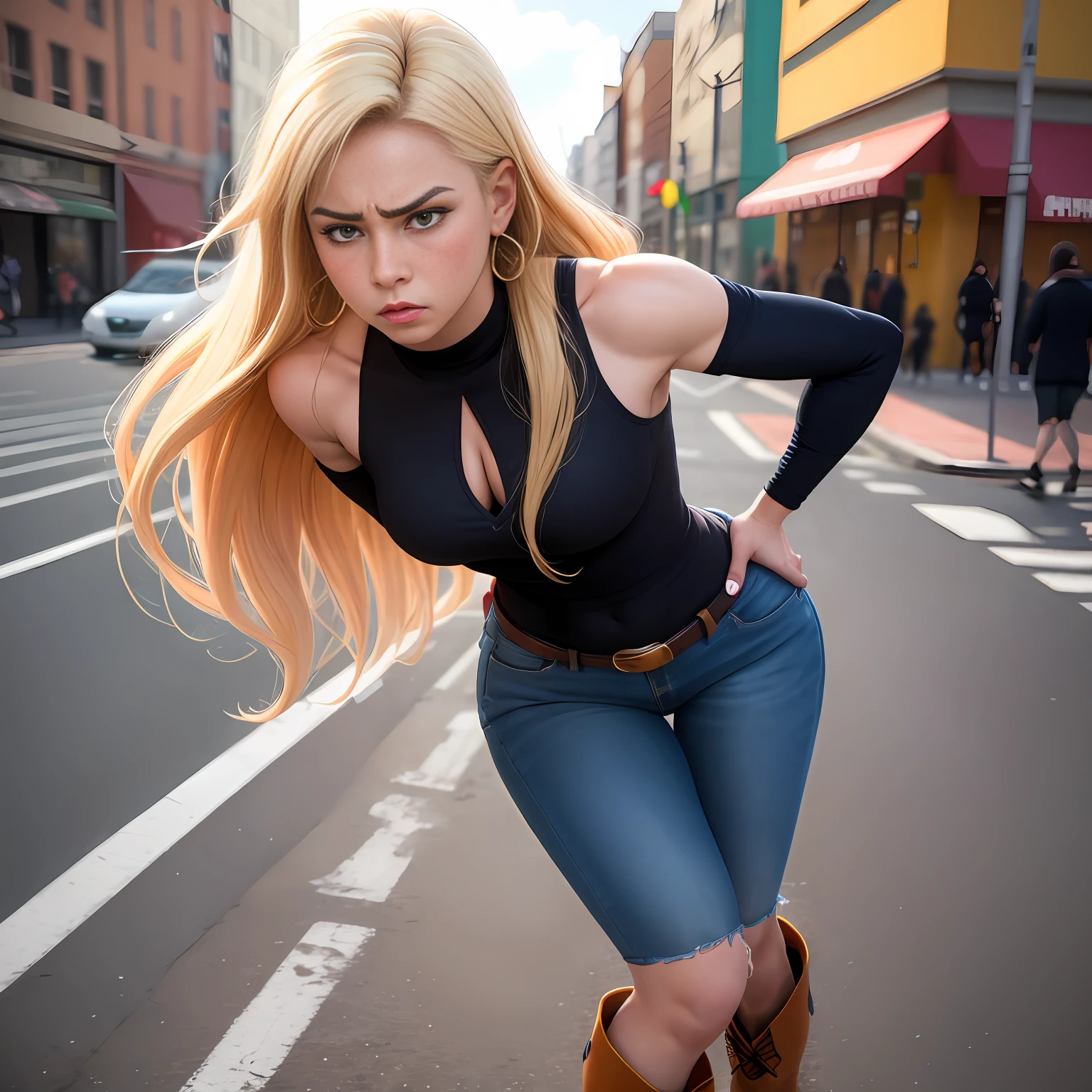 Brazilian, ganguro girl, Two girlfriends, muscular legs, muscular calves, Strong legs, muscular hips, wide hips, Curvy hips, A full body shot, cowboy boots with high heels, short summer dress, large ring earrings, He really wants to pee, running down the street, Coming soon, wants to pee,  desperately wants to pee, wants to urinate, An expression of shame on his face, embarrassment, Desperation on the face, Crying, holding on to his stomach, crumples the hem of the skirt with his hands, Knees clenched together, bites his lower lip, full bladder, terribly wants to go to the toilet, anatomically correct, realistic,