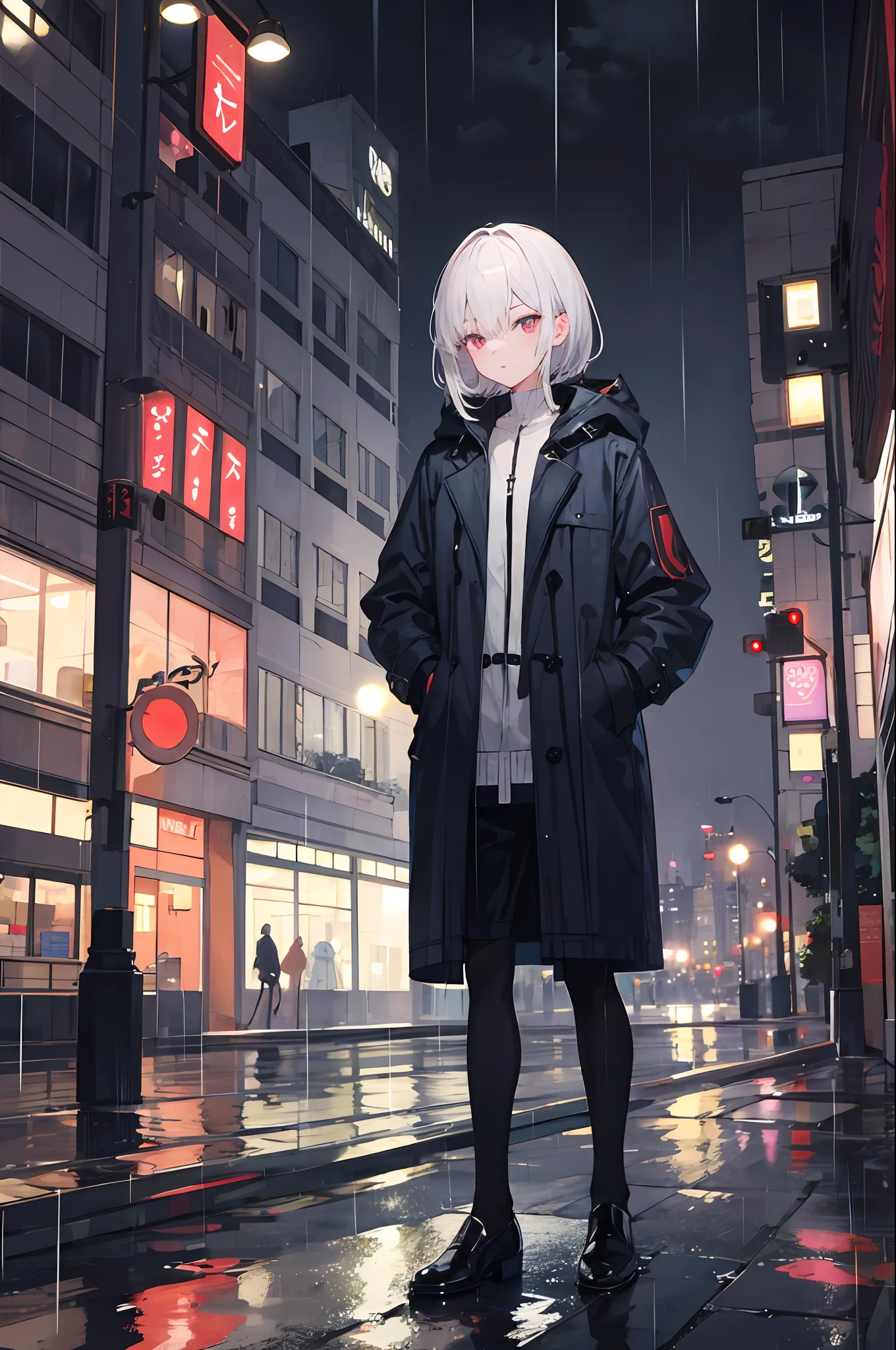1girl, Night City, rain, coat, hands in pockets