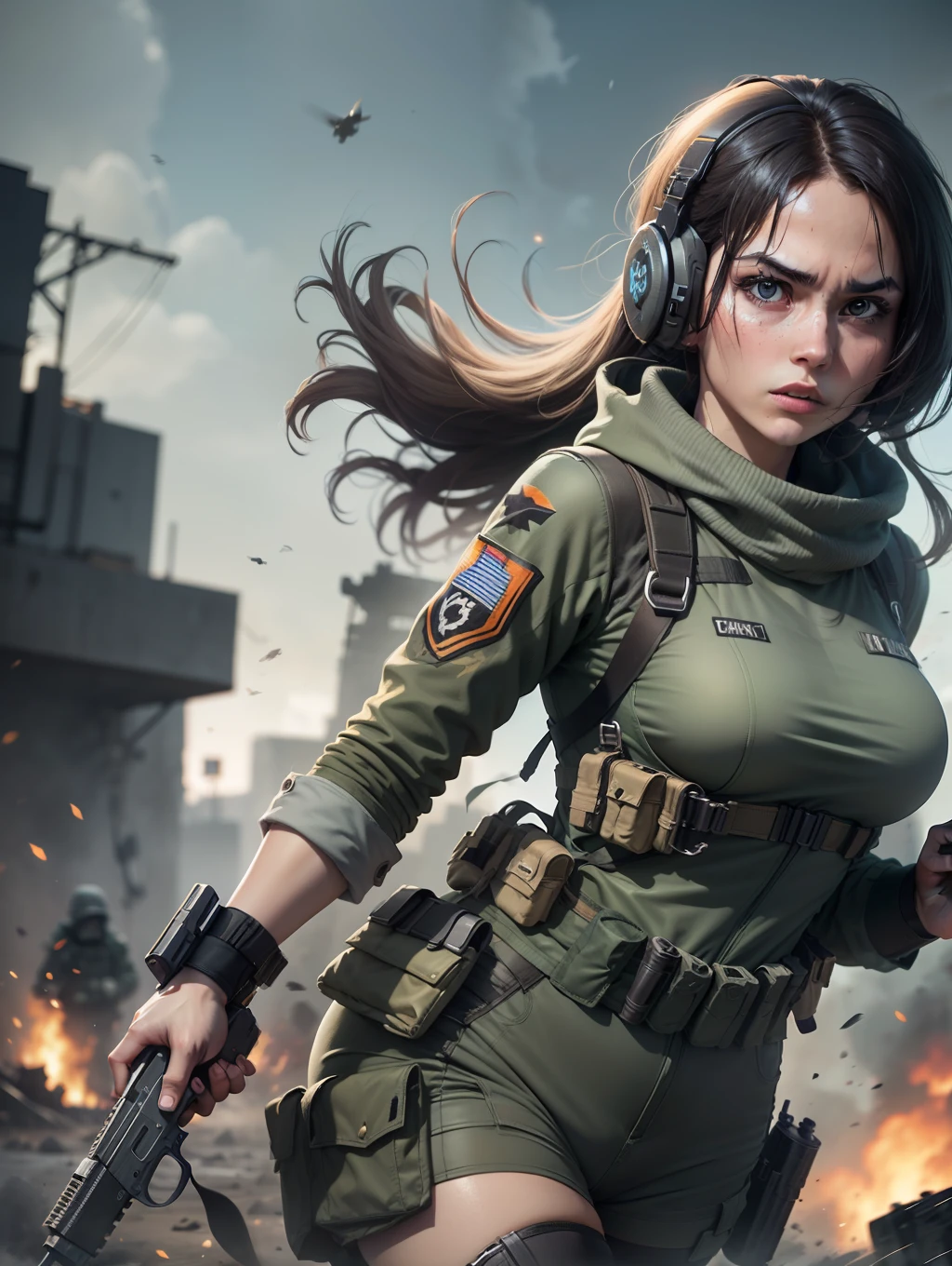 Step into the heart-pounding realm of combat and create a striking image of a girl wearing a Call of Duty: Black Ops suit, complete with guns in her hands. Set the scene against a backdrop of war, capturing the intensity and adrenaline of the battlefield as she exudes confidence and determination