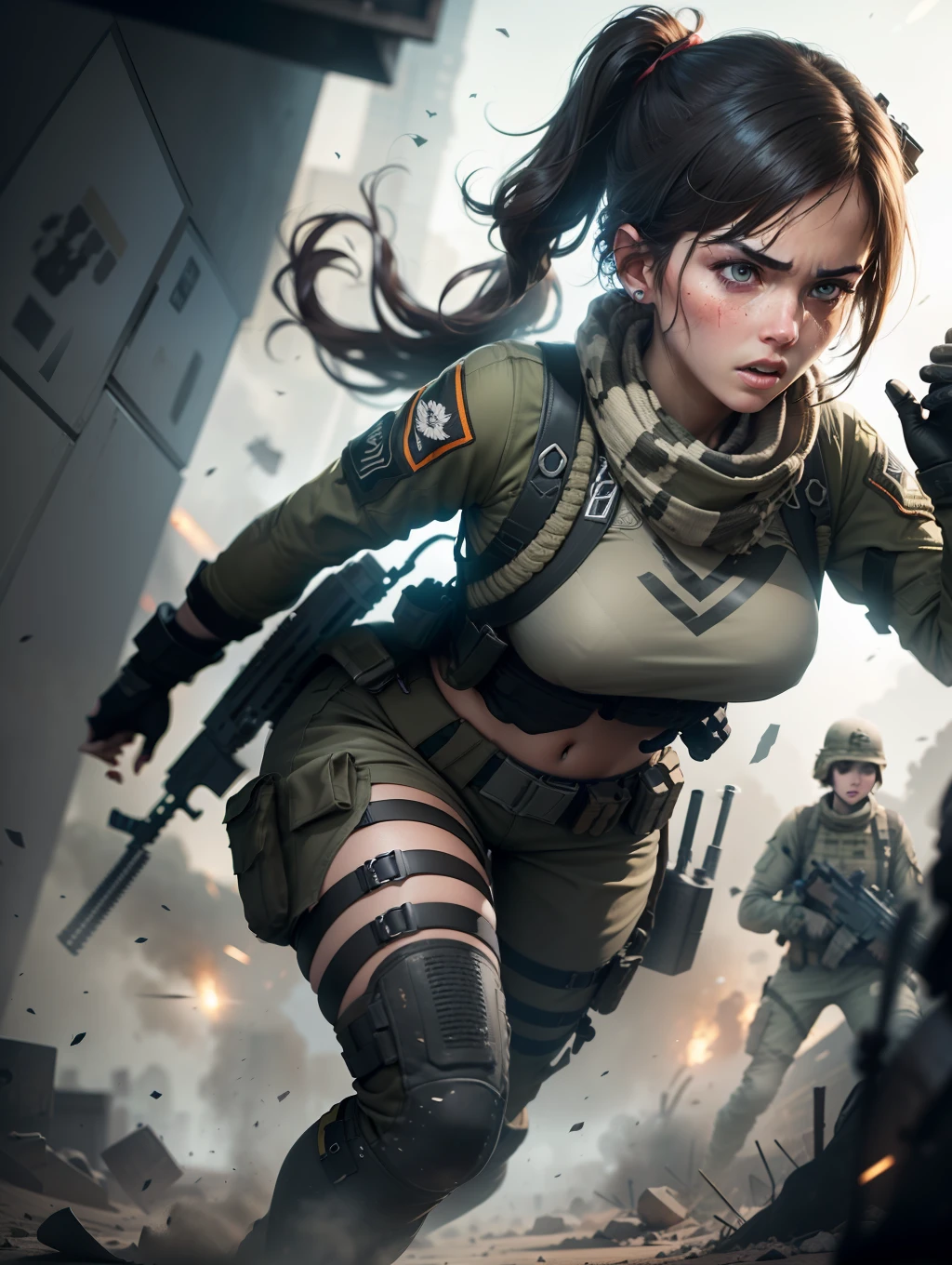 Step into the heart-pounding realm of combat and create a striking image of a girl wearing a Call of Duty: Black Ops suit, complete with guns in her hands. Set the scene against a backdrop of war, capturing the intensity and adrenaline of the battlefield as she exudes confidence and determination