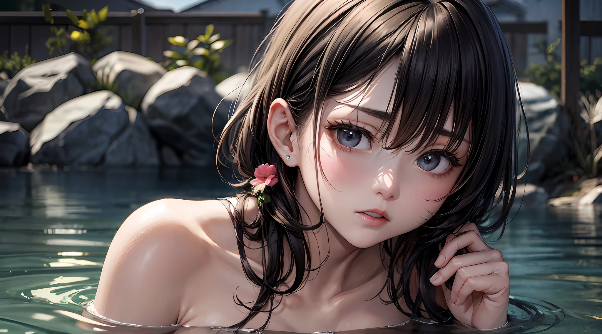 (Attack on Titan)、Brown skin、(((Naked and shoulder-deep in hot springs)))、(Shorthair with black hair)、Young、Cute、bishoujo、Perfect Style、giant breasts、Emphasizes cleavage、expressionless、Real、Realistic、8K、highly detail、best-quality、Best image quality、hyper high resolution、Master Masterpiece、only girl、((The background is a hot spring in Japan))、