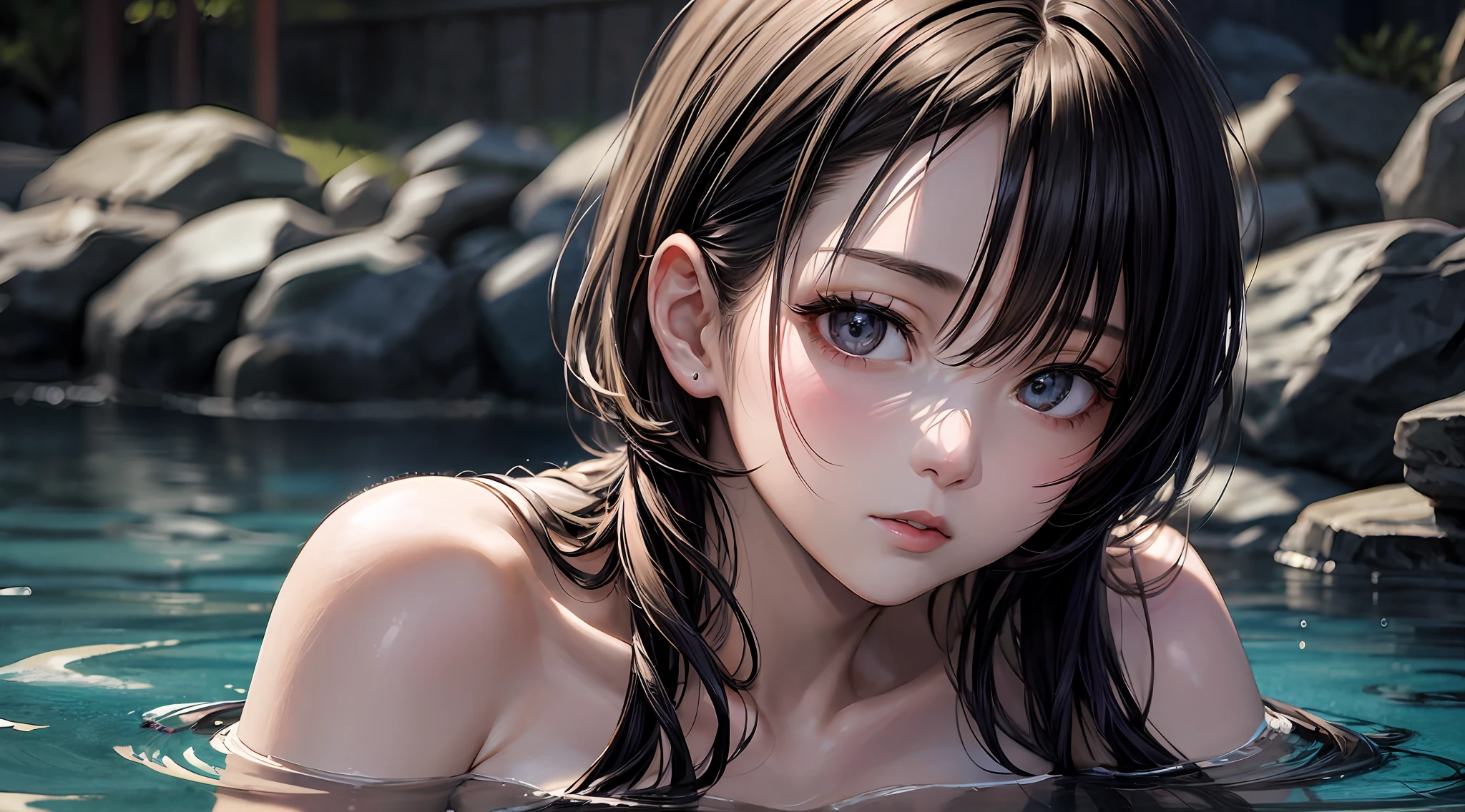 （Attack on Titan）、Brown skin、（（（Naked and shoulder-deep in hot springs）））、（Shorthair with black hair）、Young、Cute、bishoujo、Perfect Style、giant breasts、Emphasizes cleavage、expressionless、Real、Realistic、８K、highly detail、best-quality、Best image quality、hyper high resolution、Master Masterpiece、only girl、（（The background is a hot spring in Japan））、