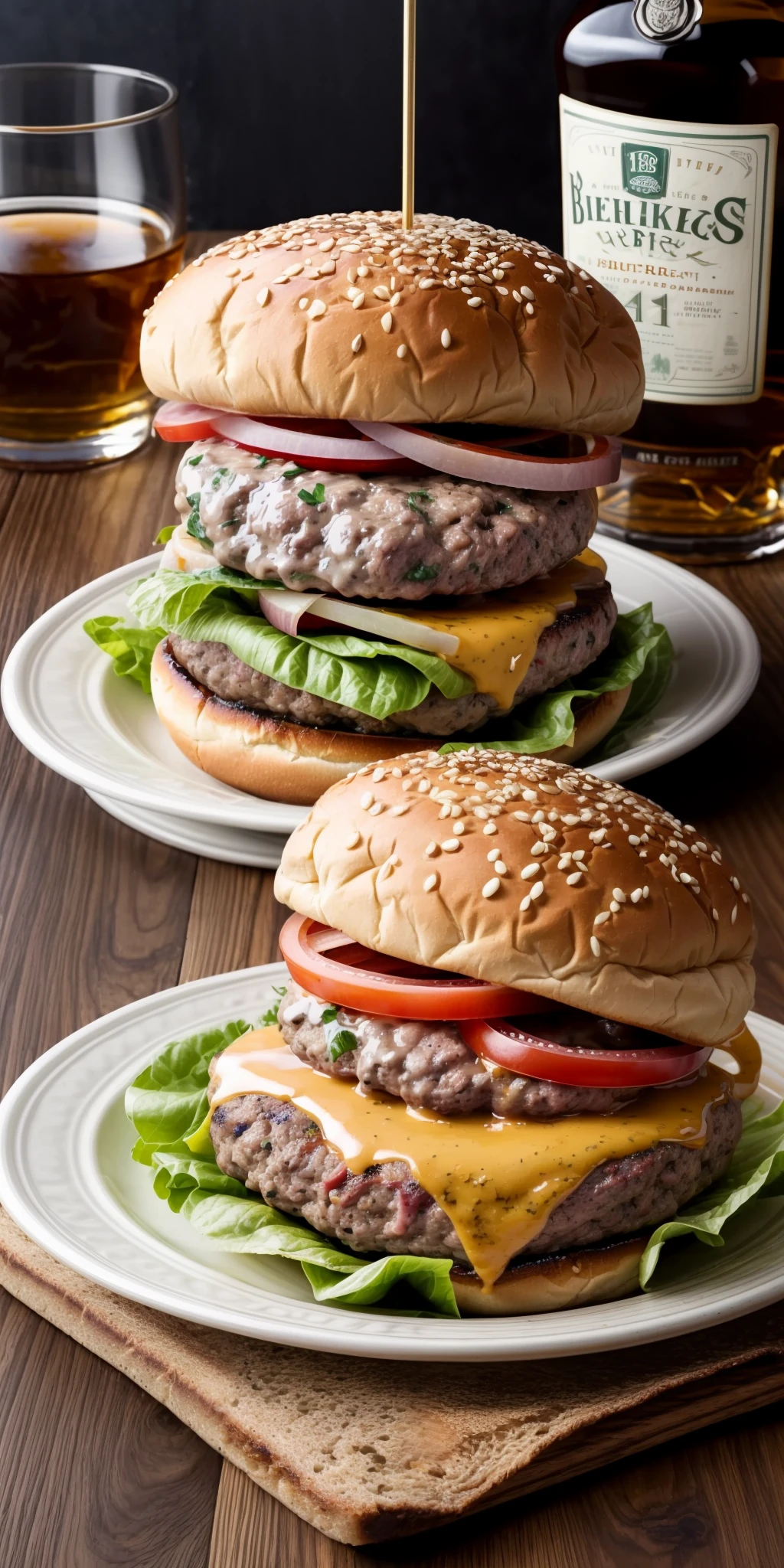a delicious triple meat burger with bacon and yellow cheese, accompanied with a glass of whiskey on the rocks