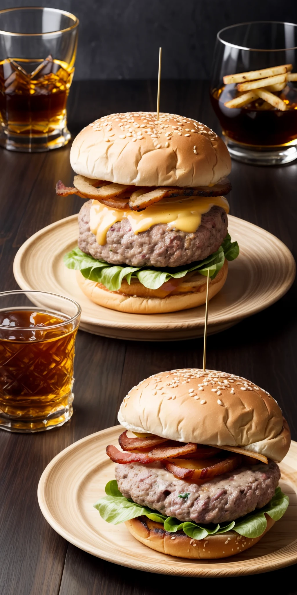 a delicious triple meat burger with bacon and yellow cheese, accompanied with a glass of whiskey on the rocks