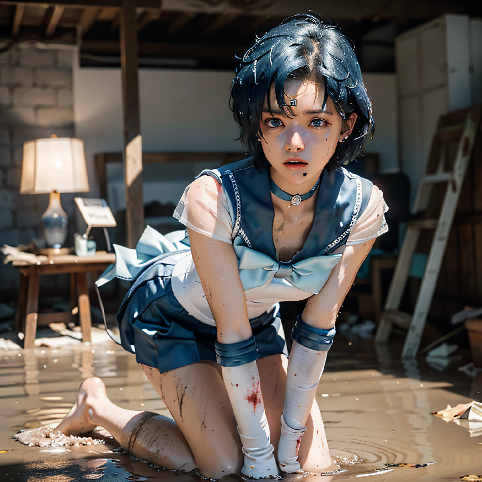 (masterpiece), (RAW photo, top quality), Ultra High Definition, Professional Artwork, Ultra Detailed, Complex, Detailed Face, Perfect Lighting, (1 Girl, Solo: 1.2), Chest, Gloves, Lips, Solo, (Sailor Moon: 2.1) ((Ami Mizuno / Sailor Crystal, Sailor Mercury), Blue Eyes, SM Uniform, mer1, Tiara, Sailor Senshi Uniform, , Absurd, Sexy, floating short blue hair, blue sailor collar, bow, (knee boots: 1.1), choker, white gloves, blue choker, elbow gloves, jewelry, earrings, blue skirt, sole, full body, blue hair, (perfect hands): 3.8, (perfect_anatomy:1.2), octane rendering, divinity of water, (crying, weak and tired eyes, tears: 1.2),( Bruises and blood stains on the face and body, blood flowing from the head and face, injuries and injuries to the body, wounds and cuts, bleeding lips: 1.2), (torn clothes, tattered clothes: 1.2), blood stains on clothes, (kneeling weakly: 1.2), (in an abandoned factory), disheveled hair, tired and weak face, (perfect body, perfect, perfect thighs), wet body, sweaty body, ((muddy feet, muddy skin, bloody skin: 1.2)), ( film lighting), soft lighting, complex and cinematic appearance, cinematic lighting, dynamic angles