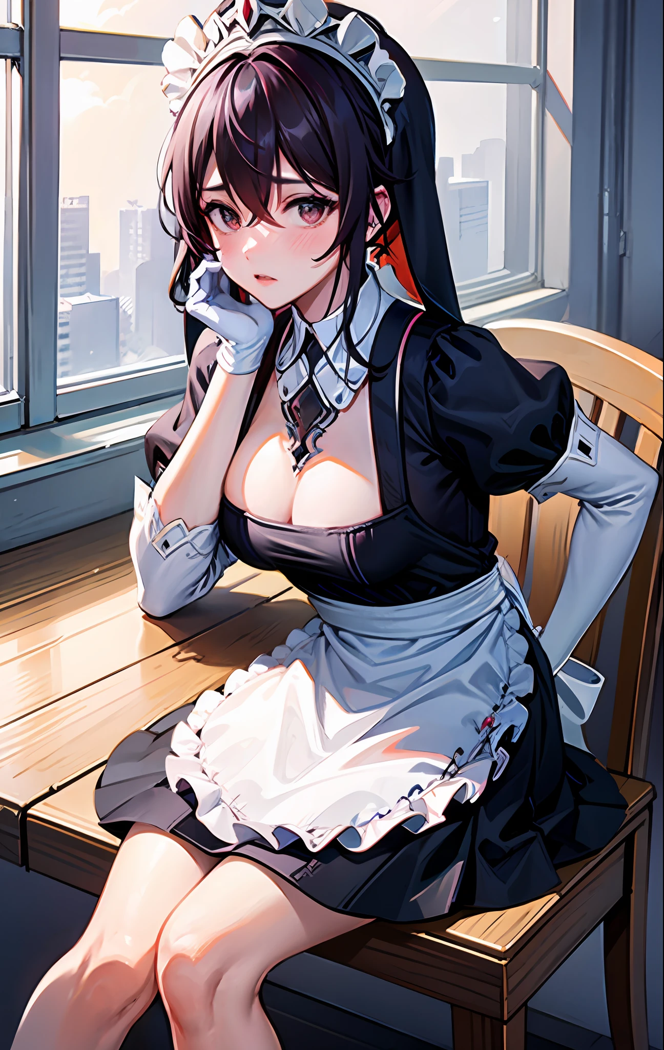 Rosaria, genshin impact, 1girl, apron, black_dress, blurry, blurry_background, blurry_foreground, blush, breasts, depth_of_field, dress, eyebrows_visible_through_hair, frills, gloves, hair_between_eyes, hand_on_own_cheek, hand_on_own_face, head_rest, indoors, jewelry, juliet_sleeves, long_sleeves, looking_at_viewer, maid, maid_apron, maid_headdress, puffy_sleeves, sitting, solo, white_apron, window,