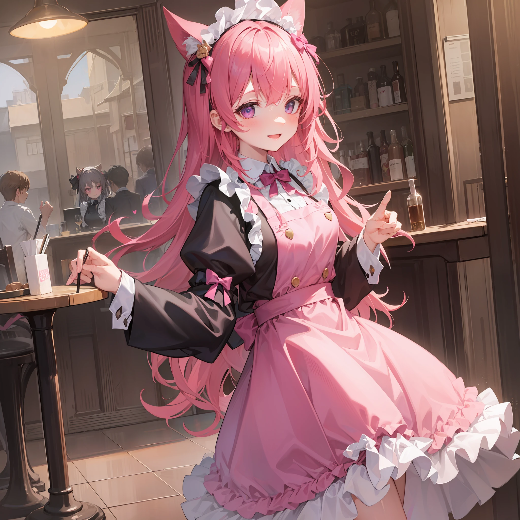 A girl in a pink waitress dress moves to the rhythm of music in a cozy café. He smiles and greets customers, while carrying their orders on a tray. Her dress is short and fluttering, with a sweetheart neckline and puff sleeves. Her polka dot apron is white and pink, with a bow on the back. She wears white socks and pink shoes with low heels. She has pink hair with red locks gathered in two tails, with heart-shaped clothespins. His eyes are purple and his face is