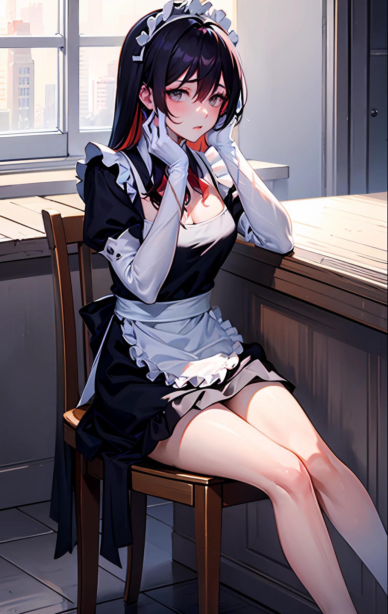 Rosaria, genshin impact, 1girl, apron, black_dress, blurry, blurry_background, blurry_foreground, blush, breasts, depth_of_field, dress, eyebrows_visible_through_hair, frills, gloves, hair_between_eyes, hand_on_own_cheek, hand_on_own_face, head_rest, indoors, jewelry, juliet_sleeves, long_sleeves, looking_at_viewer, maid, maid_apron, maid_headdress, puffy_sleeves, sitting, solo, white_apron, window,