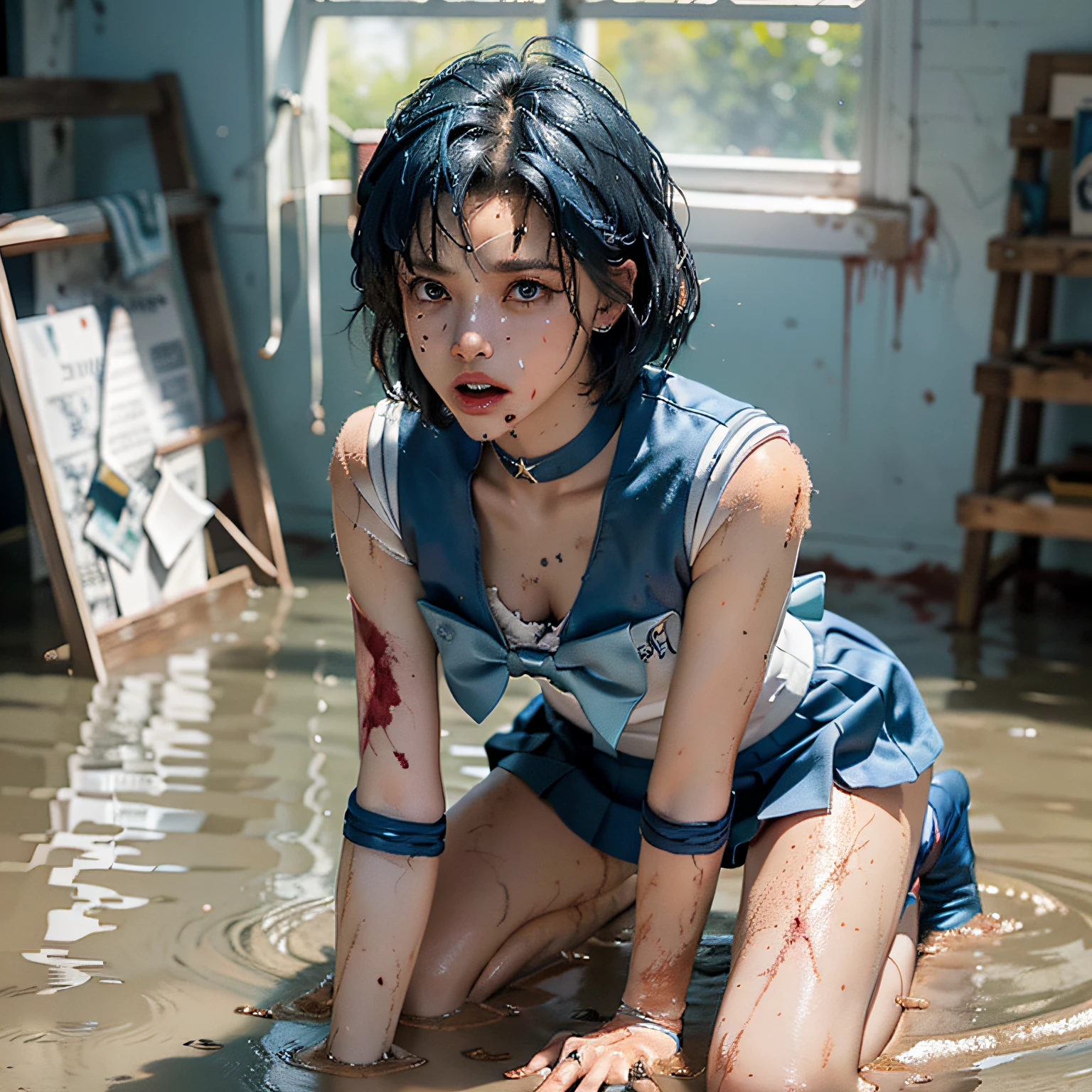 (masterpiece), (RAW photo, top quality), Ultra High Definition, Professional Artwork, Ultra Detailed, Complex, Detailed Face, Perfect Lighting, (1 Girl, Solo: 1.2), Chest, Gloves, Lips, Solo, (Sailor Moon: 2.1) ((Ami Mizuno / Sailor Crystal, Sailor Mercury), Blue Eyes, SM Uniform, mer1, Tiara, Sailor Senshi Uniform, , Absurd, Sexy, floating short blue hair, blue sailor collar, bow, (knee boots: 1.1), choker, white gloves, blue choker, elbow gloves, jewelry, earrings, blue skirt, sole, full body, blue hair, (perfect hands): 3.8, (perfect_anatomy:1.2), octane rendering, divinity of water, (crying, weak and tired eyes, tears: 1.2),( Bruises and blood stains on the face and body, blood flowing from the head and face, injuries and injuries to the body, wounds and cuts, bleeding lips: 1.2), (torn clothes, tattered clothes: 1.2), blood stains on clothes, (kneeling weakly: 1.2), (in an abandoned factory), disheveled hair, tired and weak face, (perfect body, perfect, perfect thighs), wet body, sweaty body, ((muddy feet, muddy skin, bloody skin: 1.2)), ( film lighting), soft lighting, complex and cinematic appearance, cinematic lighting, dynamic angles