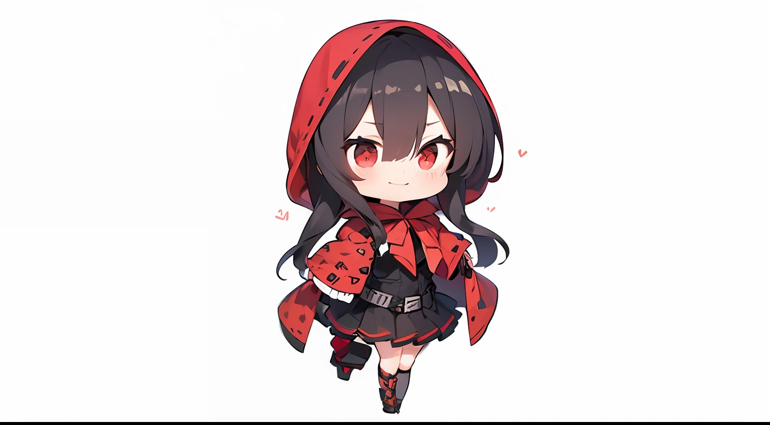 anime girl with red hood and black hair and red eyes, [[[[grinning evily]]]], from arknights, small curvy ****, stylized anime, Shirabii, 8K!!, small **** girl, crimson themed, Chibi, pixiv 3dcg, mika kurai demon, Official artwork Align your legs