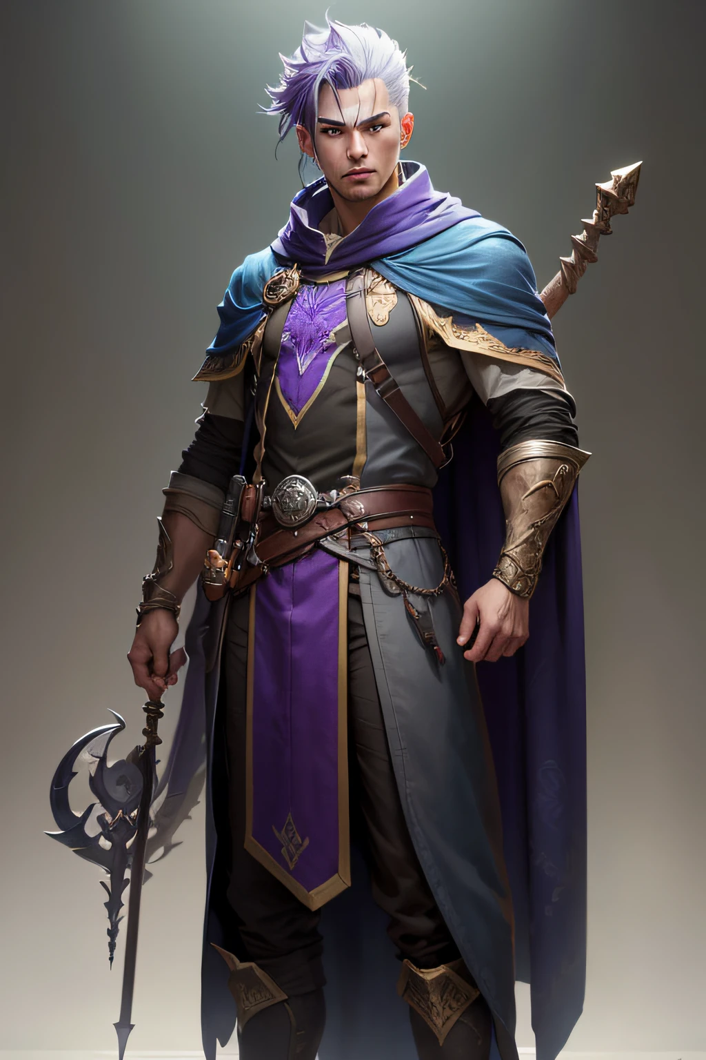 A boy with a staff，Gray background，Glowing hair，Blue-purple hair，Wizard robes，detailed fantasy art, stunning character art, fanart best artstation, epic exquisite character art,Glowing clothes，Grim expression，Look at the audience，super detail，4K fantasy art，8K fantasy art