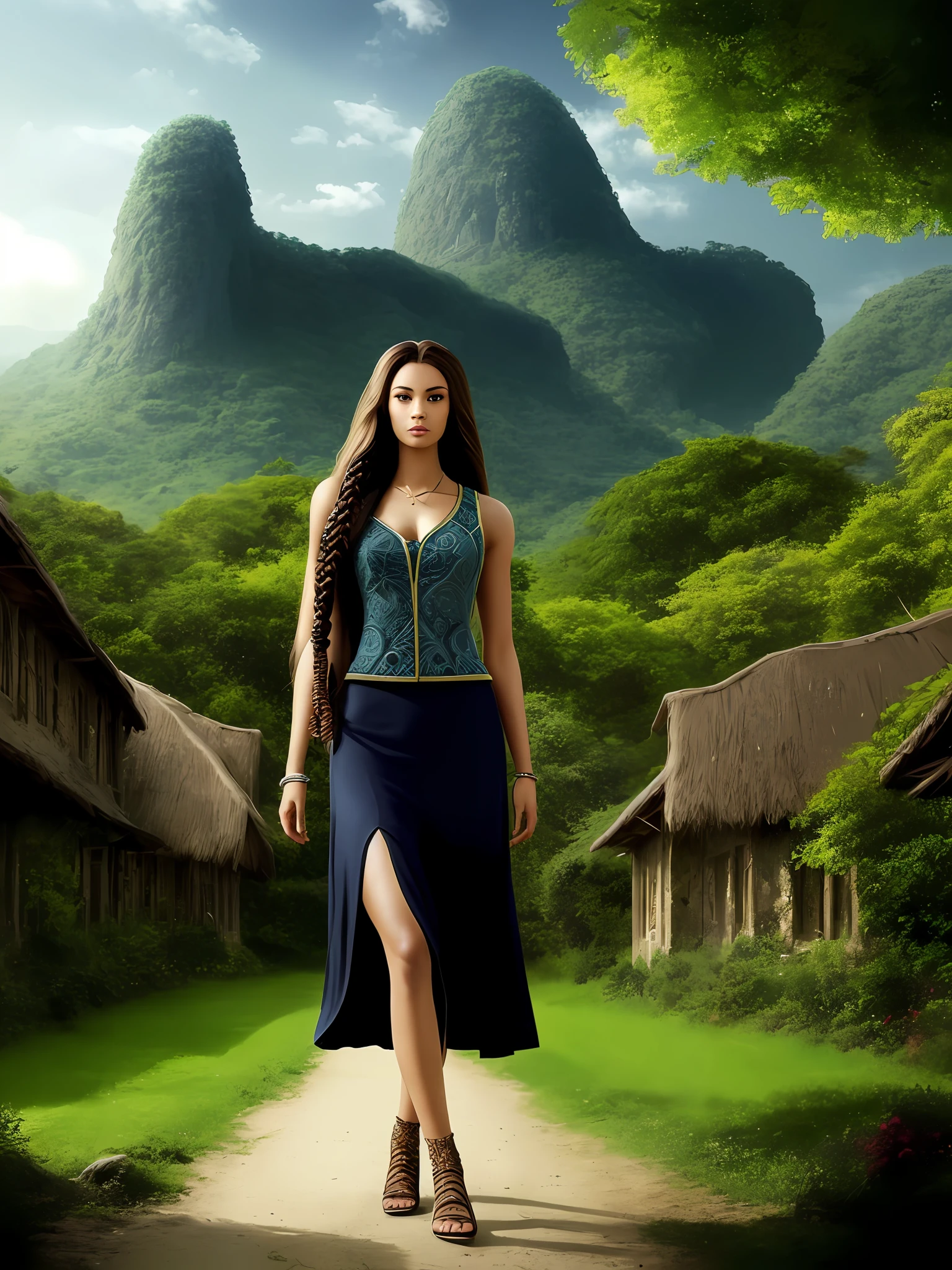 modelshoot style, (extremely detailed 8k wallpaper, Ultrarealistic:1.3),A Professional Full Body Photo, of a (beautiful 20 years old female warrior of Equatorial Guinean origin with a (very detailed very long hair with an intricate hairstyle:1.3)), Intricate, High Detail, dramatic, photo realistic, HDR, UHD, photography, subsurface scattering, (depth of field:0.3), (full body shot:1.3), full-length portrait, fantasy setting, village background, Style-Glass