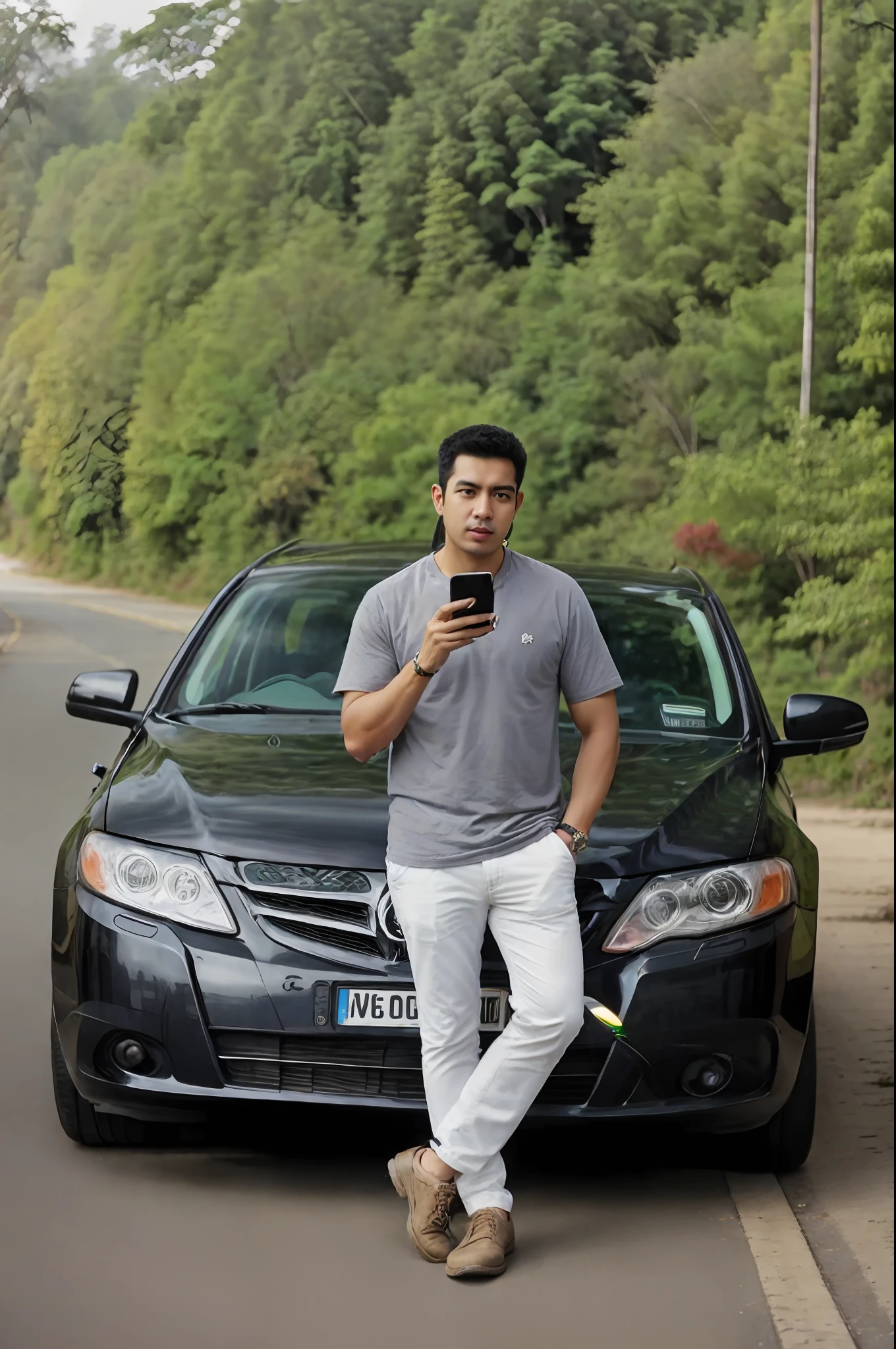 araffe man standing on the hood of a car while talking on his cell phone, mohamed chahin style, by Abidin Dino, handsome man, mohamed chahin, ayan nag, riyahd cassiem, by Basuki Abdullah, style of ade santora, ramil sunga, ismail, raden saleh, with lovely look, casual photography