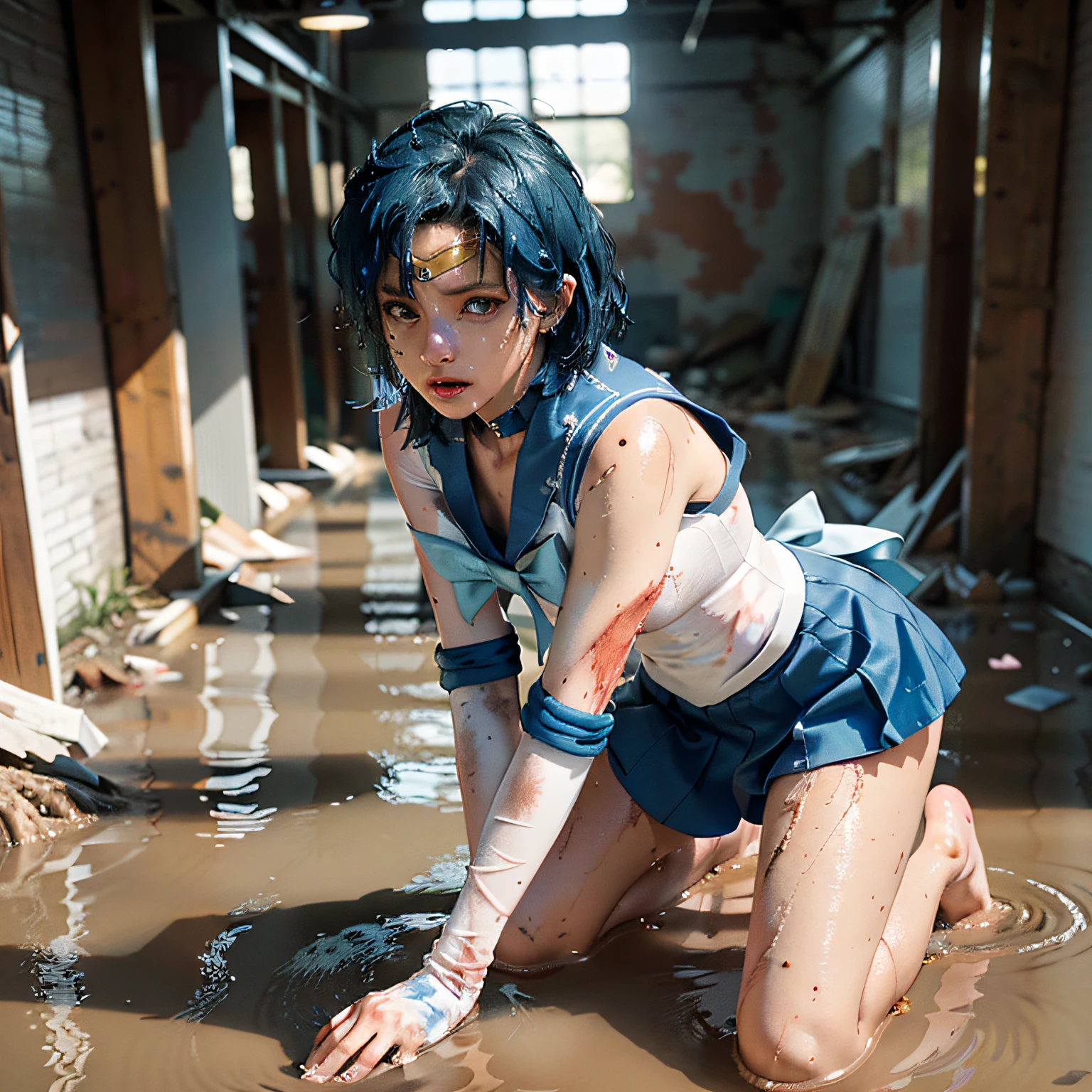 (masterpiece), (RAW photo, top quality), Ultra High Definition, Professional Artwork, Ultra Detailed, Complex, Detailed Face, Perfect Lighting, (1 Girl, Solo: 1.2), Chest, Gloves, Lips, Solo, (Sailor Moon: 2.1) ((Ami Mizuno / Sailor Crystal, Sailor Mercury), Blue Eyes, SM Uniform, mer1, Tiara, Sailor Senshi Uniform, , Absurd, Sexy, floating short blue hair, blue sailor collar, bow, (barefoot: 1.1), choker, white gloves, blue choker, elbow gloves, jewelry, earrings, blue skirt, full body, blue hair, (perfect hands): 3.8, (perfect_anatomy: 1.2), octane rendering, divinity of water, (crying, weak and tired eyes, tears: 1.2), ( Bruises and blood stains on the face and body, blood flowing from the head and face, injuries and injuries on the body, wounds and cuts, bleeding lips: 1.3), (torn clothes, tattered clothes: 1.5), blood stains on clothes, (kneeling weakly: 1.2), (in an abandoned factory), disheveled hair, tired and weak face, (perfect body, perfect, perfect thighs), wet body, sweaty body, ((muddy feet, muddy skin, bloody skin: 1.3)), ( film lighting), soft lighting, complex and cinematic appearance, cinematic lighting, dynamic angles