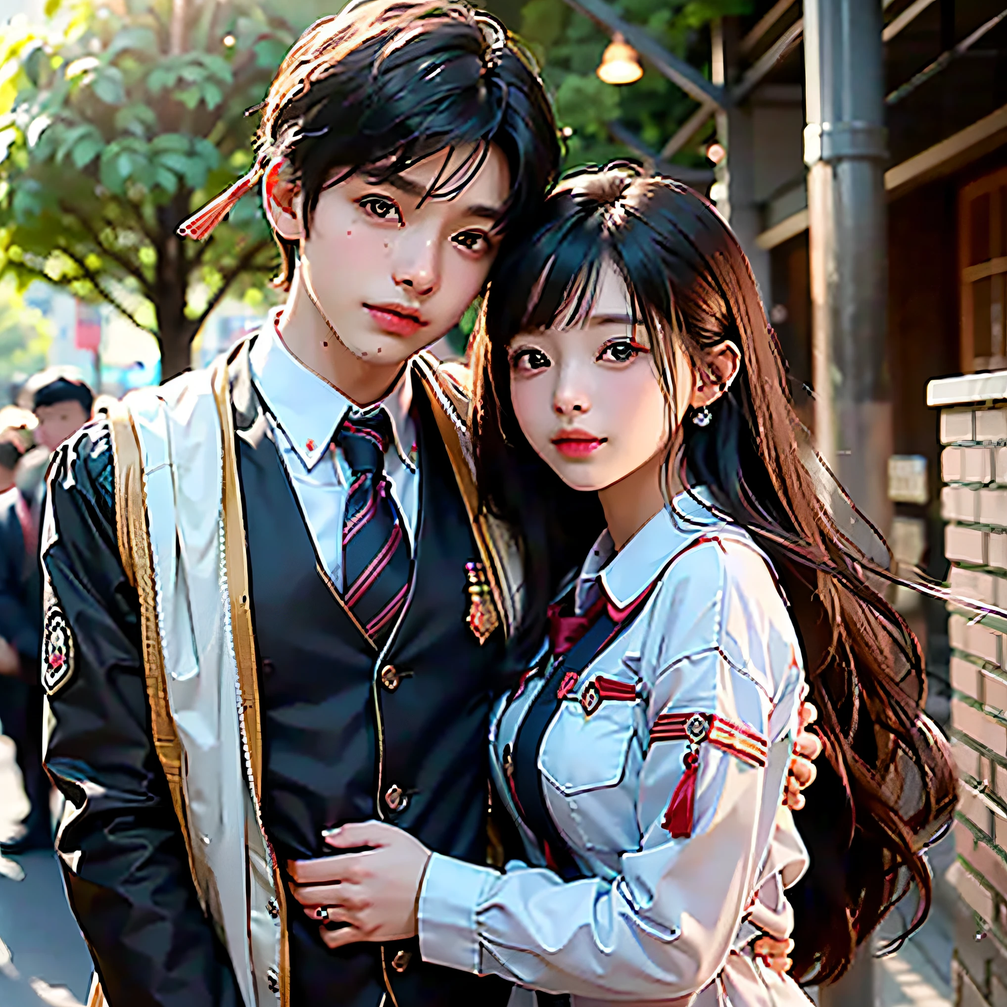 (Best quality),(HD 8K),(Realistic),((A boy puts his arm around a girl for a photo)),((Wearing bachelor's uniform)),((Girls whisper into boys' ears)),The background is the graduation ceremony,be booked up,(Masterpieces)