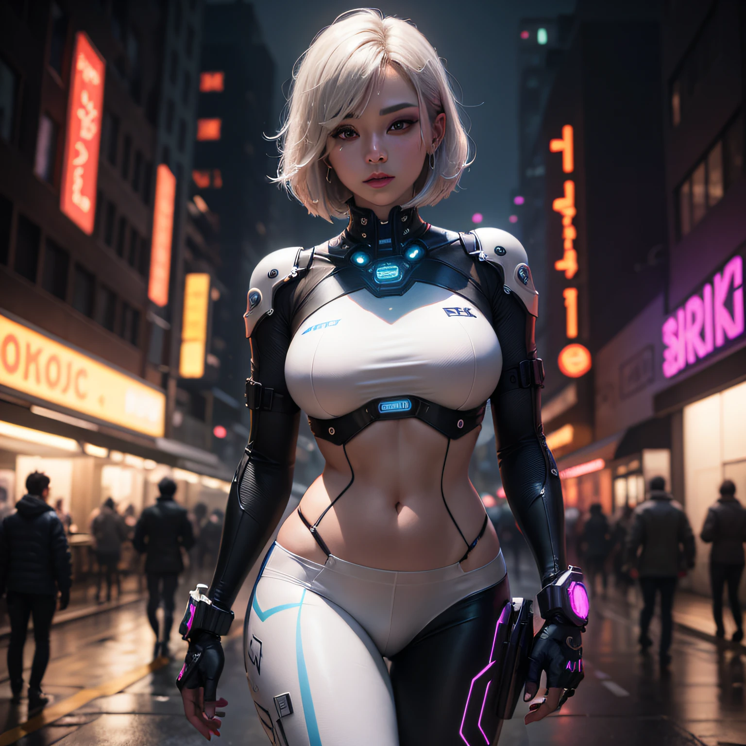 (8K、RAW Photography、sthe highest qualit、A Masterpiece:1.2)、(Realistic、photo-realistic:1.37)、(KPOP Idol)、(aegyo sal:1)、cuddly、Professional Writing、Photon Mapping、Radiosity、Physically Based Rendering、Cosplay、lucy(Cyberpunk)、bob cut、Mechanical parts、Gray eye、White tight suit、Cyberpunk City Black Pants、night、Neon lights、Sexy、Smoked、looking a viewer、8K High Resolution、8K、CG Wallpapers、Realistic backgrounds、Clear background、medium tits、all body --auto
