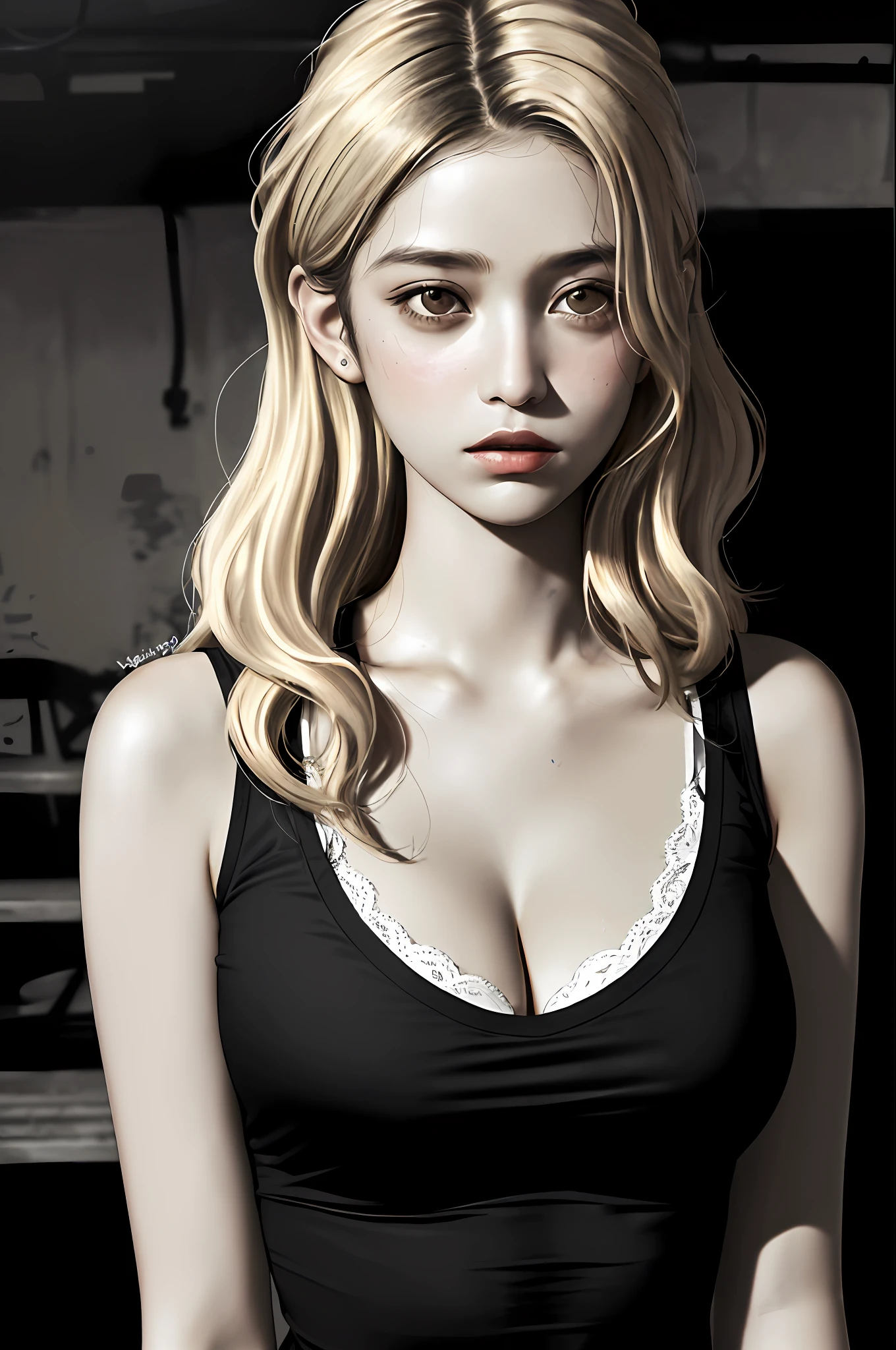 A 30-year-old woman,(High-top faded:1.3),long-hair,dark theme,soothing tones,muted colors,High contrast,(Natural skin texture,hyperrealist,Soft light,sharp),(1girl),house,cleavage of breast,Sepia,Dewy skin,Sweaty skin,wavy blonde hair,Nylon T-shirt,punk girl,Black-haired,transparent