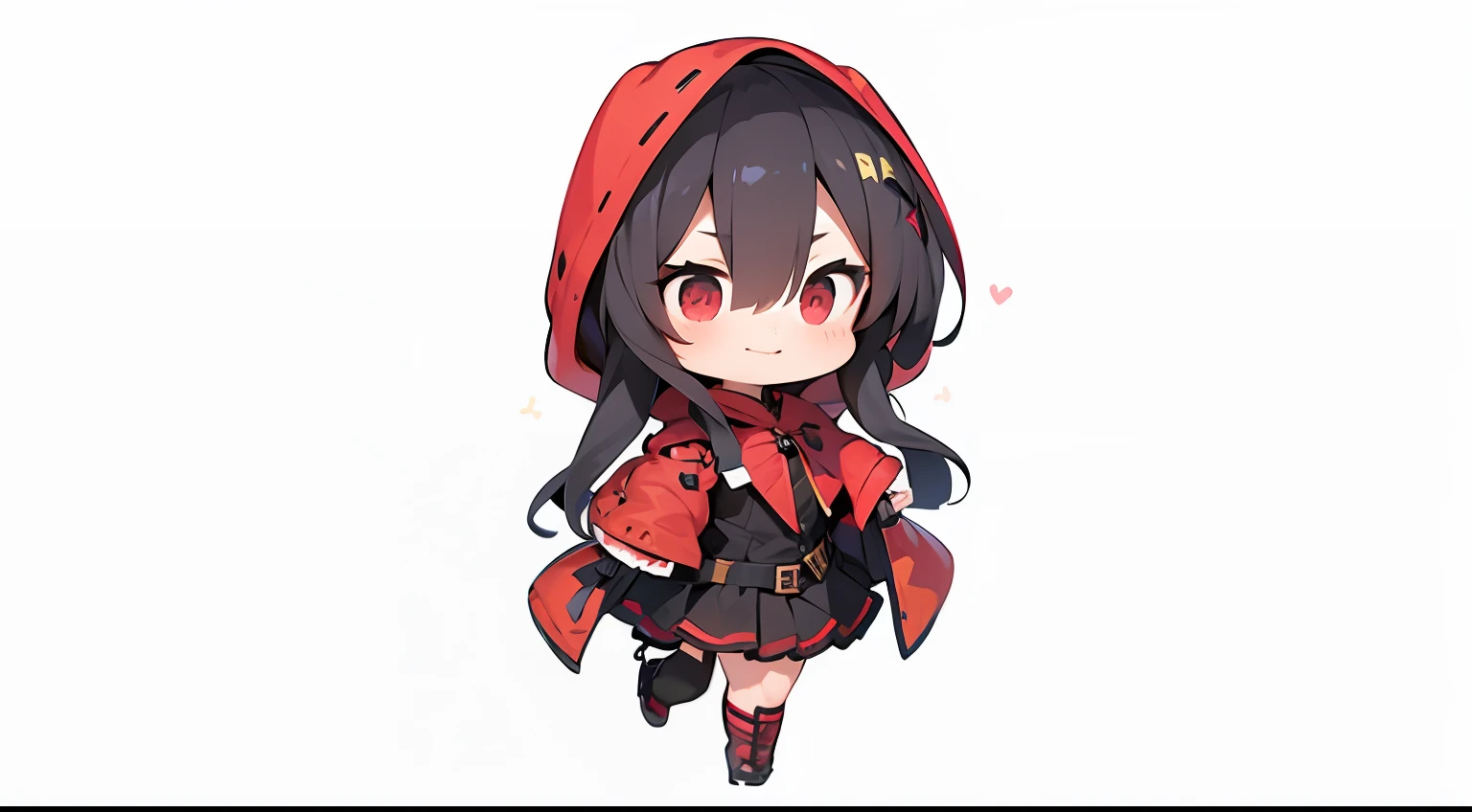 anime girl with red hood and black hair and red eyes, [[[[grinning evily]]]], from arknights, small curvy ****, stylized anime, Shirabii, 8K!!, small **** girl, crimson themed, Chibi, pixiv 3dcg, mika kurai demon, Official artwork Align your legs