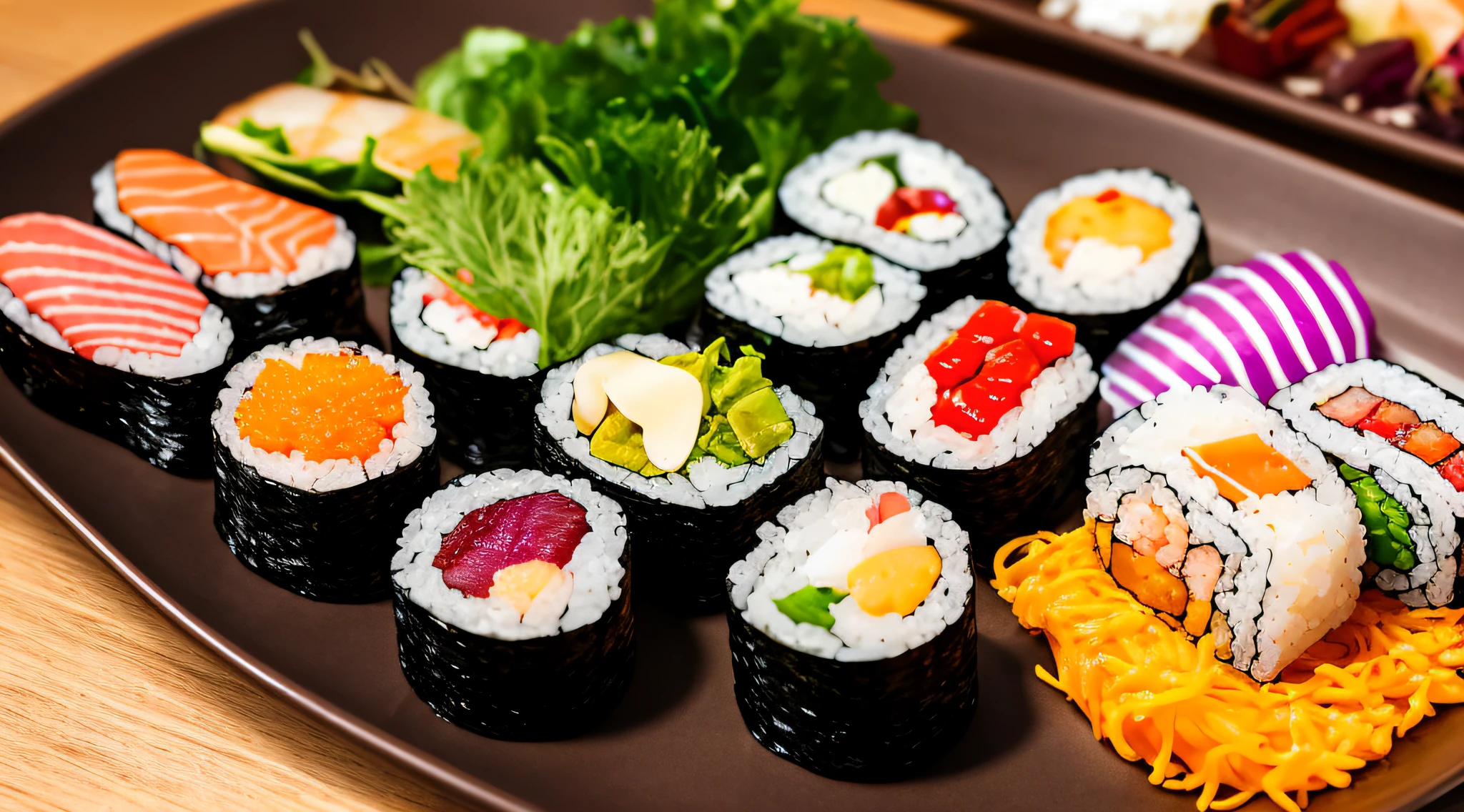 assorted colorful sushi, Contemporary, professional Michelin Star gourmet food photography, depth of field –s 300 –q 2