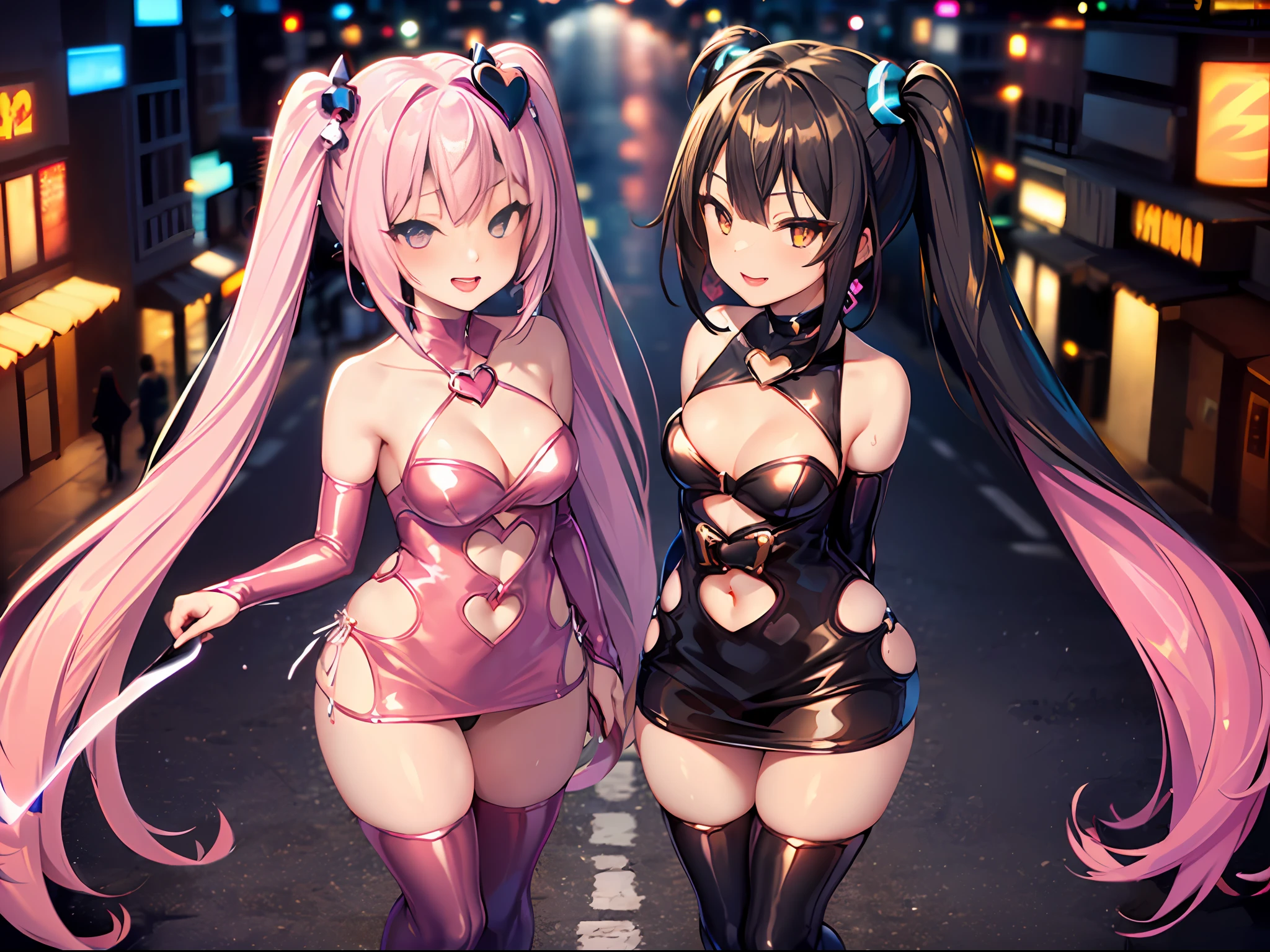 (microdress, bodycon), (matching outfits:1.2), (Coordination of twins:1.2), (two girls in different color costumes:1.3), couple, (cheek-to-cheek:1.3), (extremely shiny black magical girl costume:1.2), (pink neon trim), (blue neon trim), (extremely wrinkled magical girl costume:1.2), similar look, matching clothes, twinsies, (extremely shiny puffy magical girl costume:1.2), (frill), (extremely transparent skirts:1.2), (black PVC vinyl panties:1.2), (shoulder pad:1.2), (evil smile),captivating smile,sadistic, eyeshadow, seductive eyes, drooping eyes, open mouth, provocative expression, villain, (dark heroine:1.2), (perfect female proportions), (heart cutout:1.2), in city, at night, scenic view, night sky,