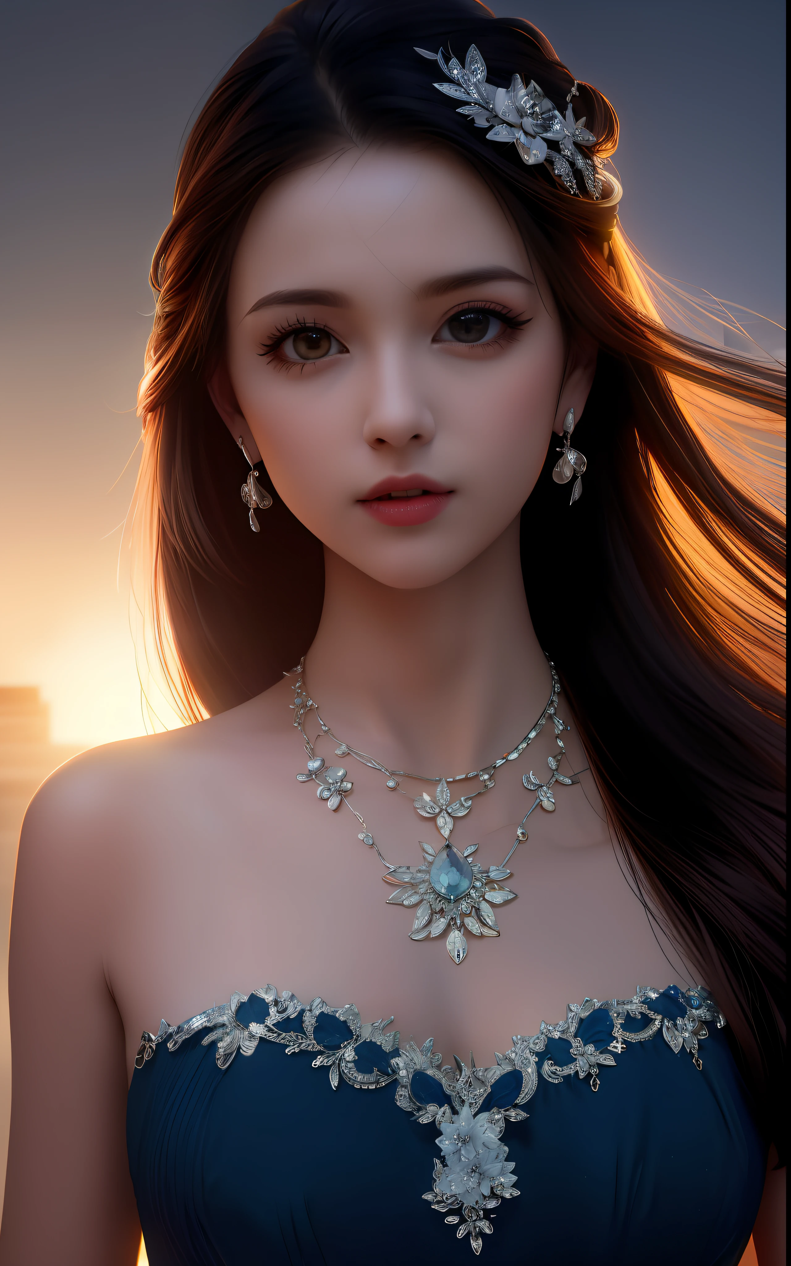 Best Quality, Masterpiece, High Resolution, 1girl, Porcelain Dress, Hair Accessories, Necklace, Jewelry, Beautiful Face, Physically, Tyndall Effect, Realistic, Dark Studio, Rim Lighting, Duotone Lighting, (High Detail Skin : 1.2), 8k uhd, dslr, soft light, high quality, volume light, candid, photo, high resolution, 4k, 8k, bokeh