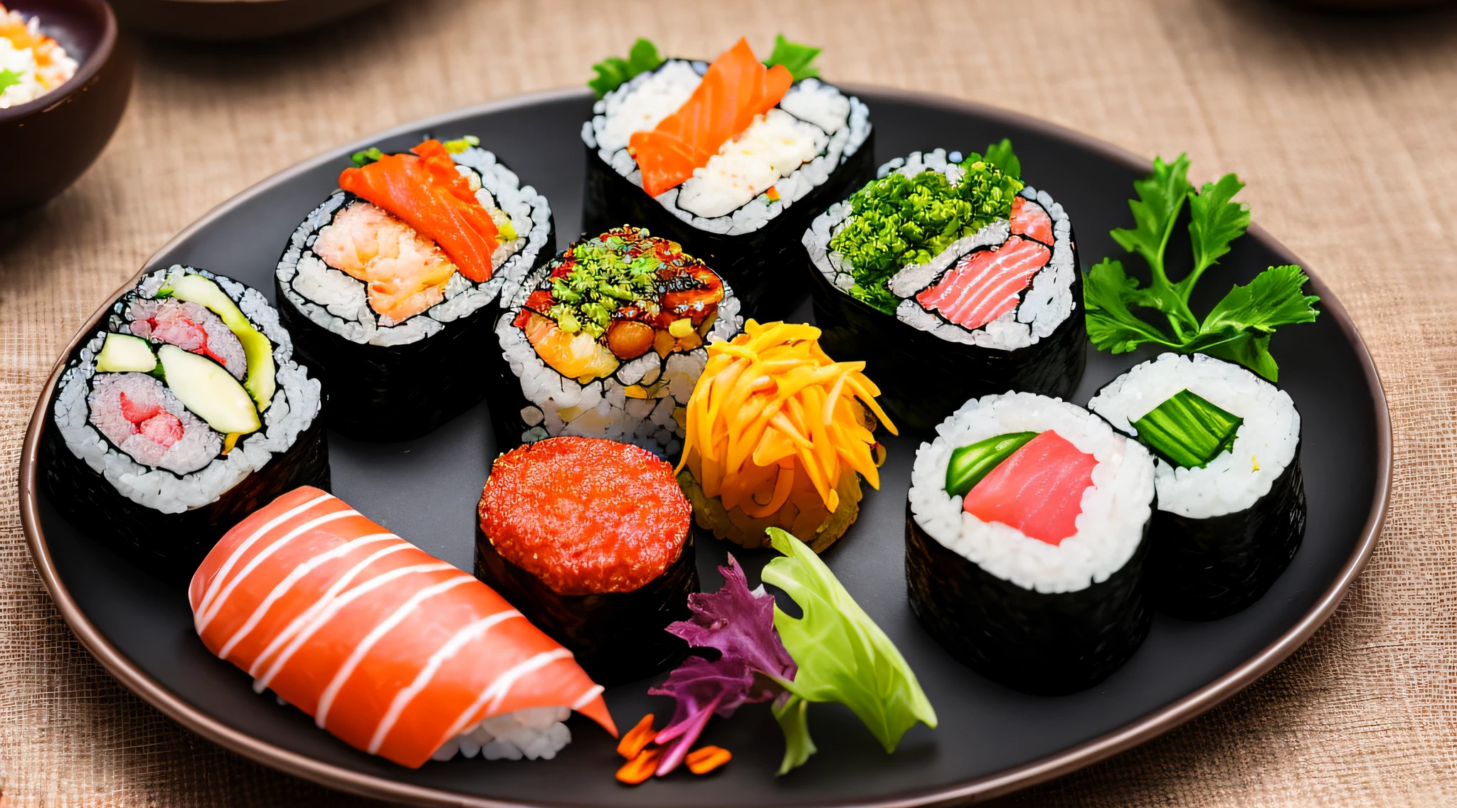 assorted colorful sushi, Contemporary, professional Michelin Star gourmet food photography, depth of field –s 300 –q 2