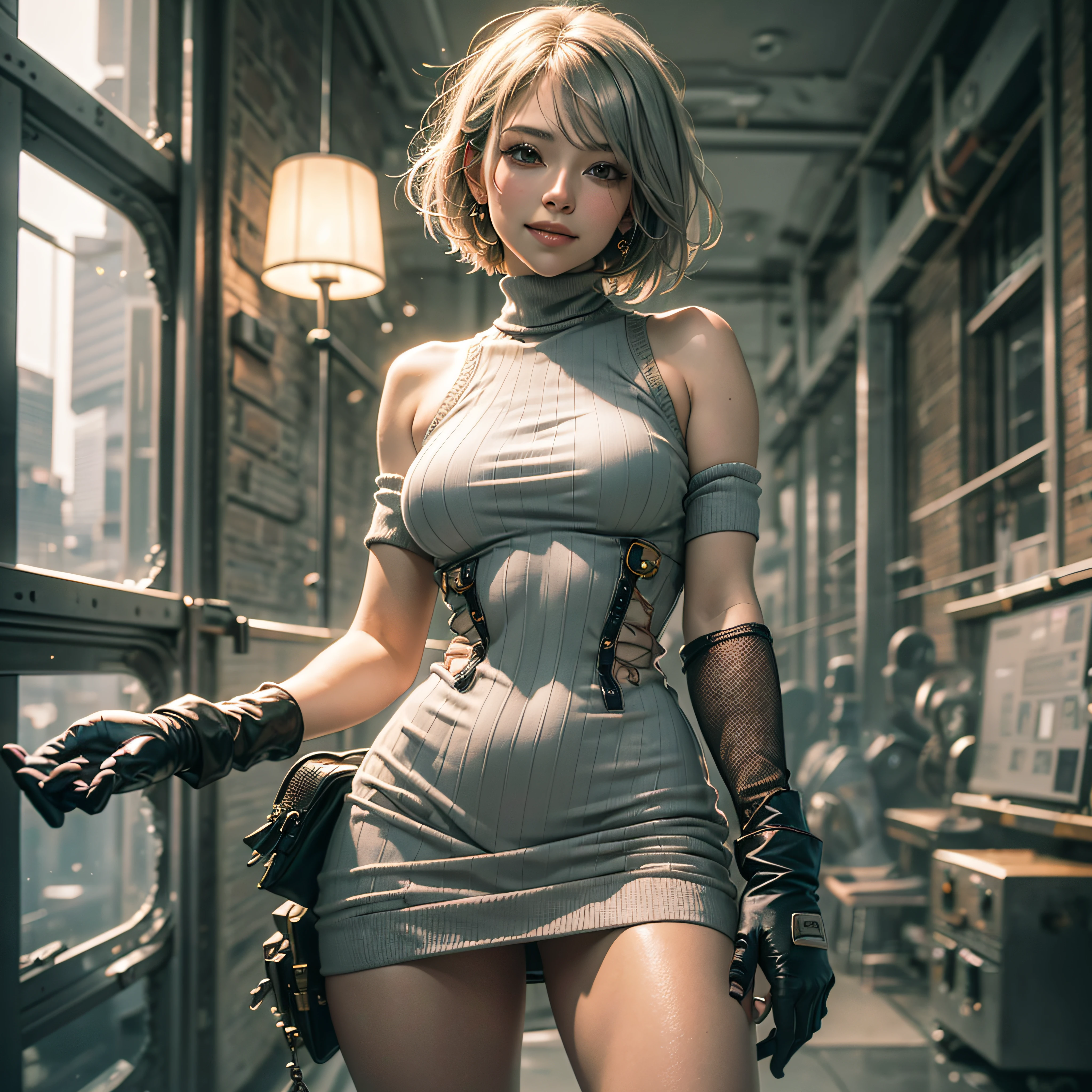 Full body, gray hair, (Dragoon: 1.2), Brantovan, masterpiece, top quality, official art, very elaborate CG Unity 8K wallpaper, for girls, ultra high resolution, (photorealistic: 1.4), golden hour lighting, sweater dress, (platinum shorthair: 0.8), (puffy eyes), looking at the viewer, frontal, smile, medium breasts, shirt lift, gloves, short hair