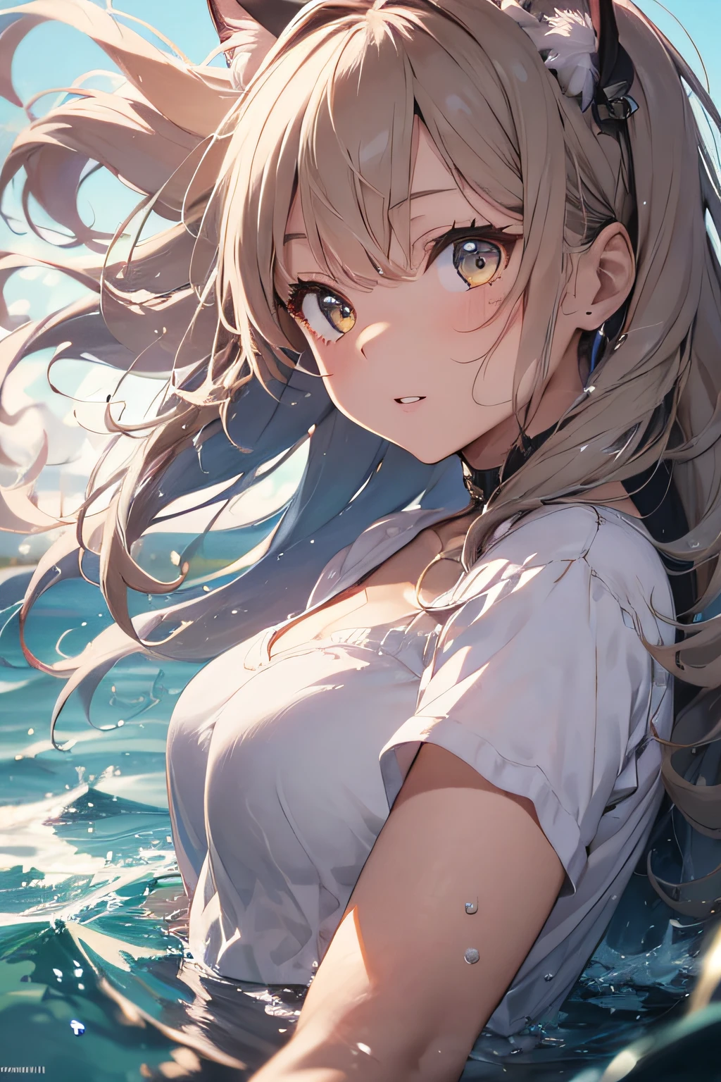 ntricate detail, Beautiful detailed girl, extremely delicate and beautiful, Whole body, Close-up of people, arm_support, Beautifully painted, flat chest, girl,woman,women, little,a child,10歳, Medium hair, Wavy hair, Floating hair, Yellow hair, Two-tone hair, hair blowing with the wind, Delicate facerain, heart, complex details beautiful and delicate eyes, Cat_ear, large_Breasts, zettai_ryouiki, Yellow eyes, White skin, white_dress_shirt,sleeves_hiar_wrists,bottom less,Bare breasts,bare feet, short_sleeves, Bed_sheet, Beautiful detailed sky, water spray, gradient, highly detailed 8k wallpaper, highly detailed 8k wallpaper, with high resolution,