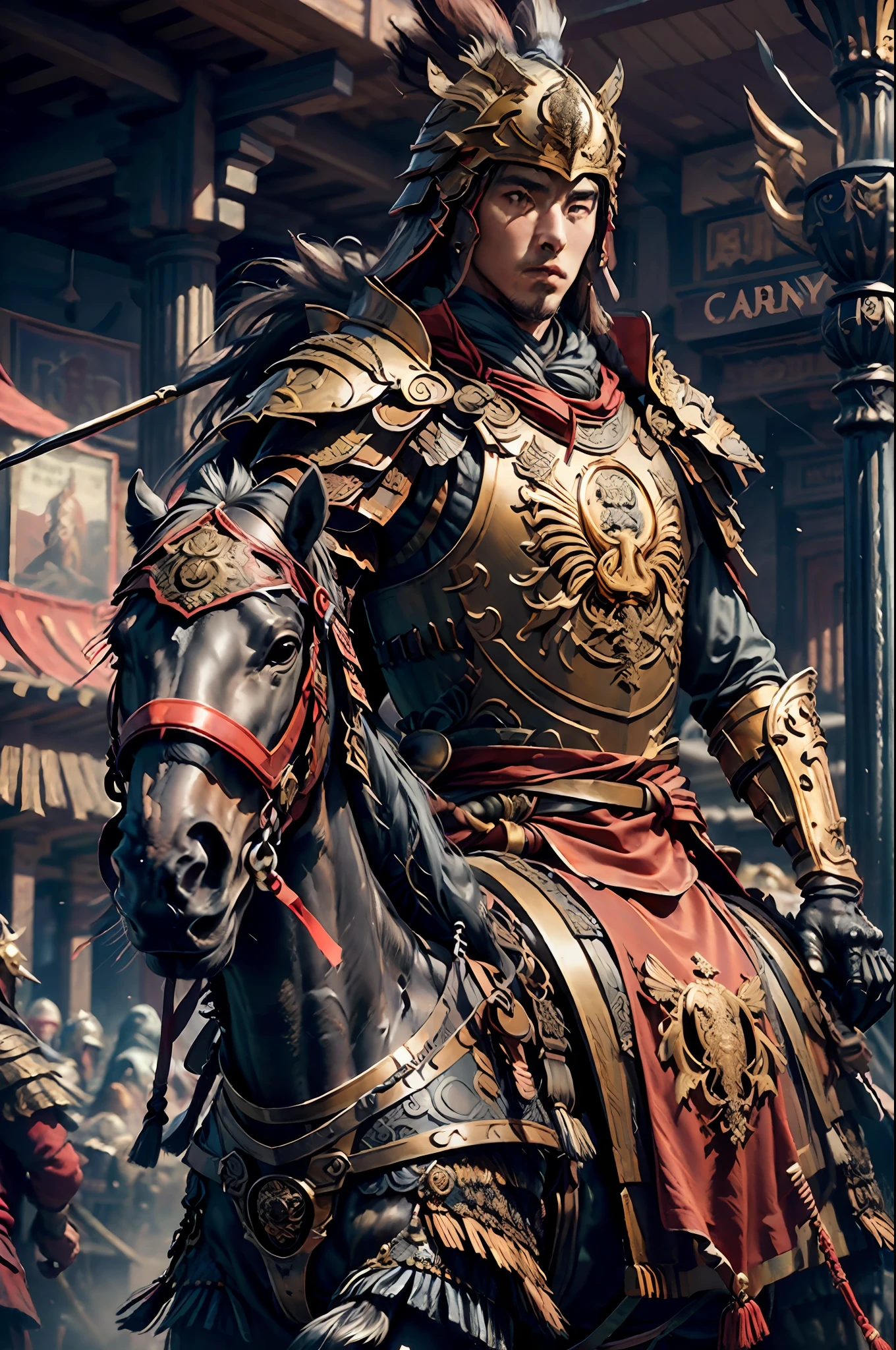 ((Masterpiece))), ((Best Quality))), ((Ultra Detailed)), (Surreal), (Highly Detailed CG Illustration), Cinematic Light, Realistic, Very Handsome Young Man, Posture, Intricate Details EABA, Red Cloak, Spear, Horse Riding, Grey Armor, Helmet