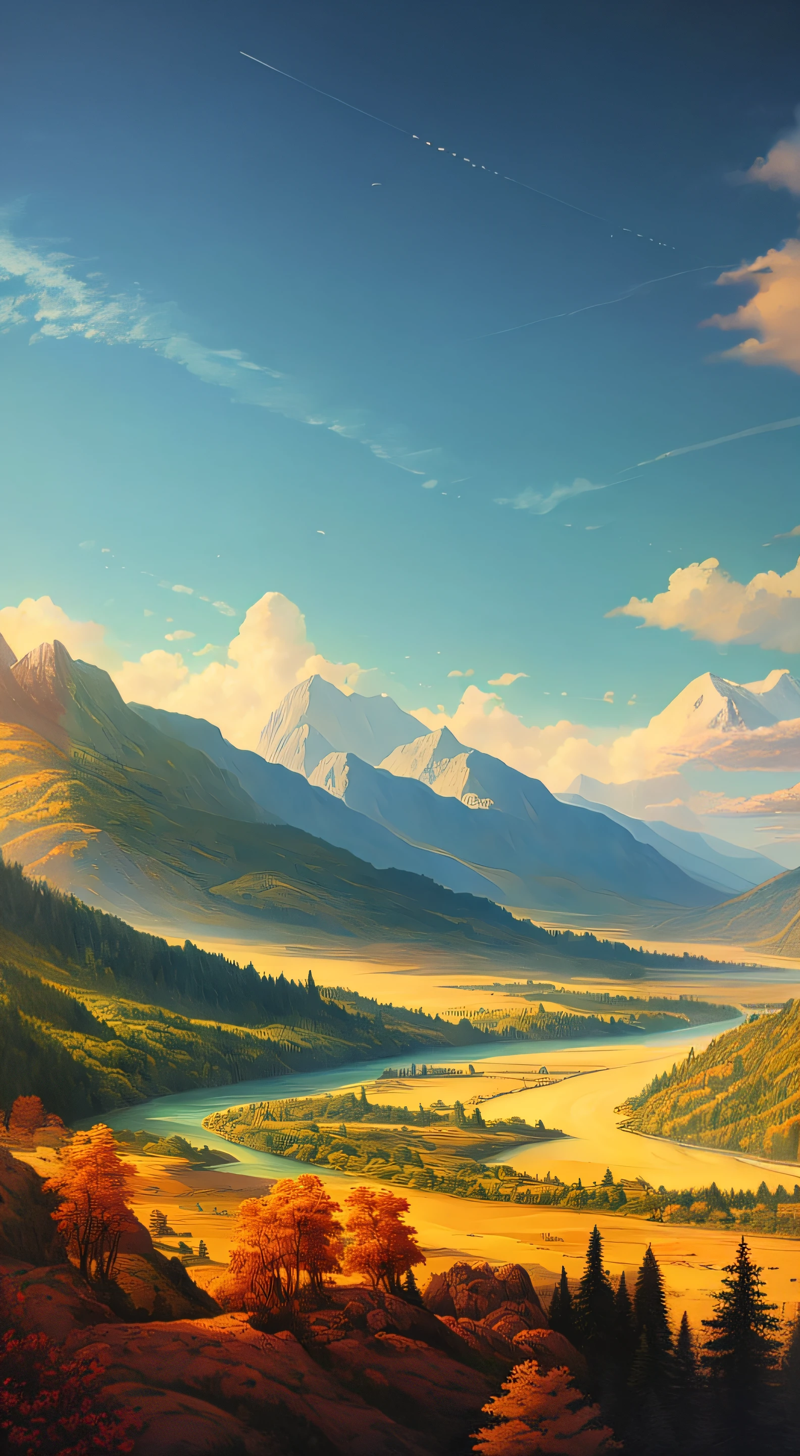 painting of a valley with a river and mountains in the background, detailed scenery —width 672, concept art by theCHAMBA | rhads, 4k hd matte digital painting, low detailed. Digital painting, inspired by RHADS, mountain valley, detailed painting 4 k, 4k highly detailed digital art, ross tran. scenic background, WLOP and Rakhazi，Spring sky，Blue skies