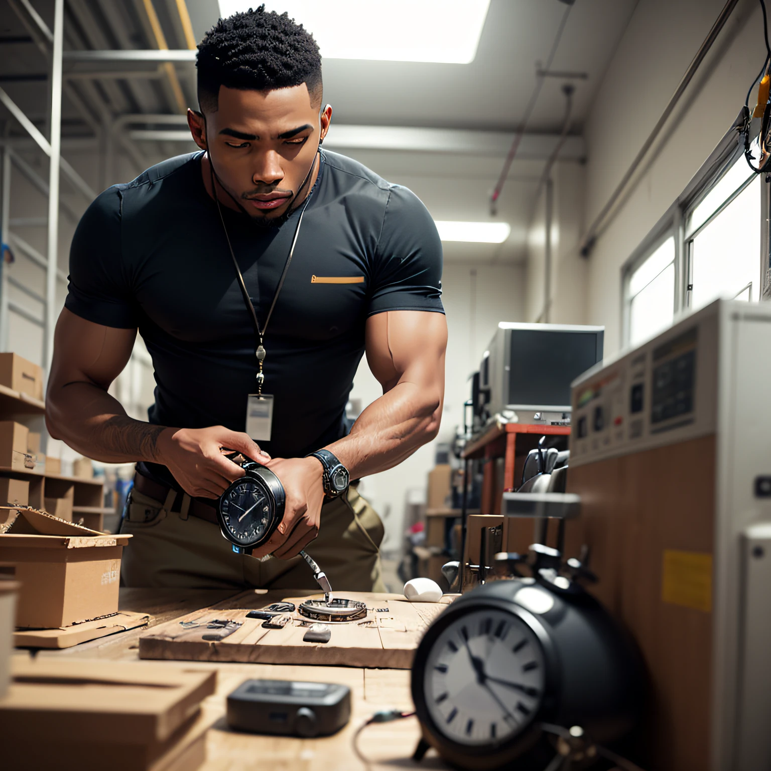 black male in a factory making time. fixing clocks --auto