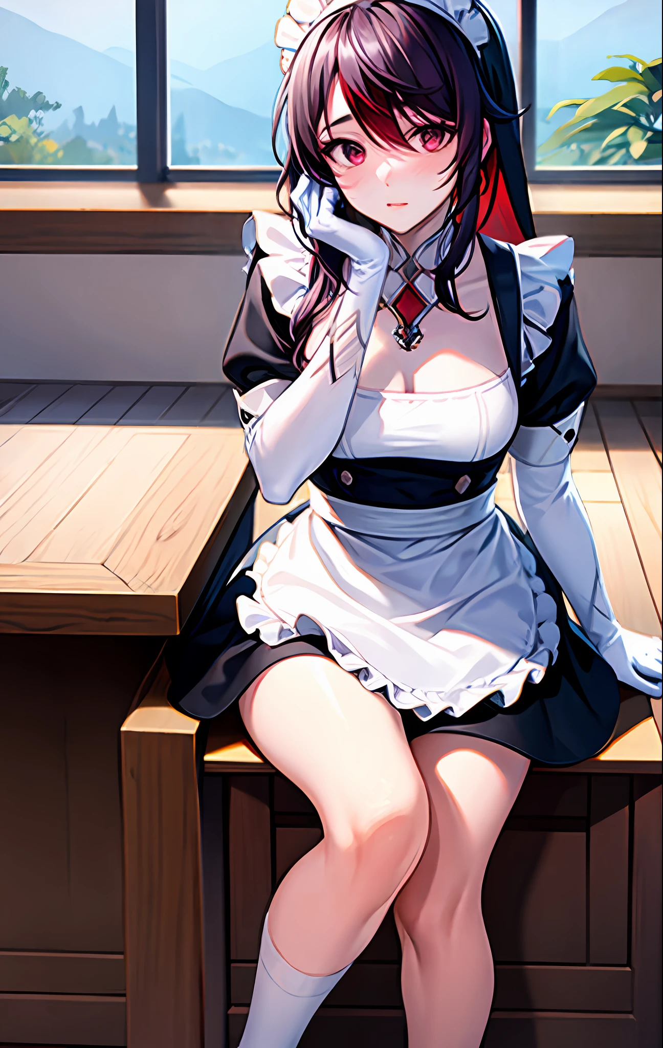 Rosaria, genshin impact, 1girl, apron, black_dress, blurry, blurry_background, blurry_foreground, blush, breasts, depth_of_field, dress, eyebrows_visible_through_hair, frills, gloves, hair_between_eyes, hand_on_own_cheek, hand_on_own_face, head_rest, indoors, jewelry, juliet_sleeves, long_sleeves, looking_at_viewer, maid, maid_apron, maid_headdress, puffy_sleeves, sitting, solo, white_apron, window,