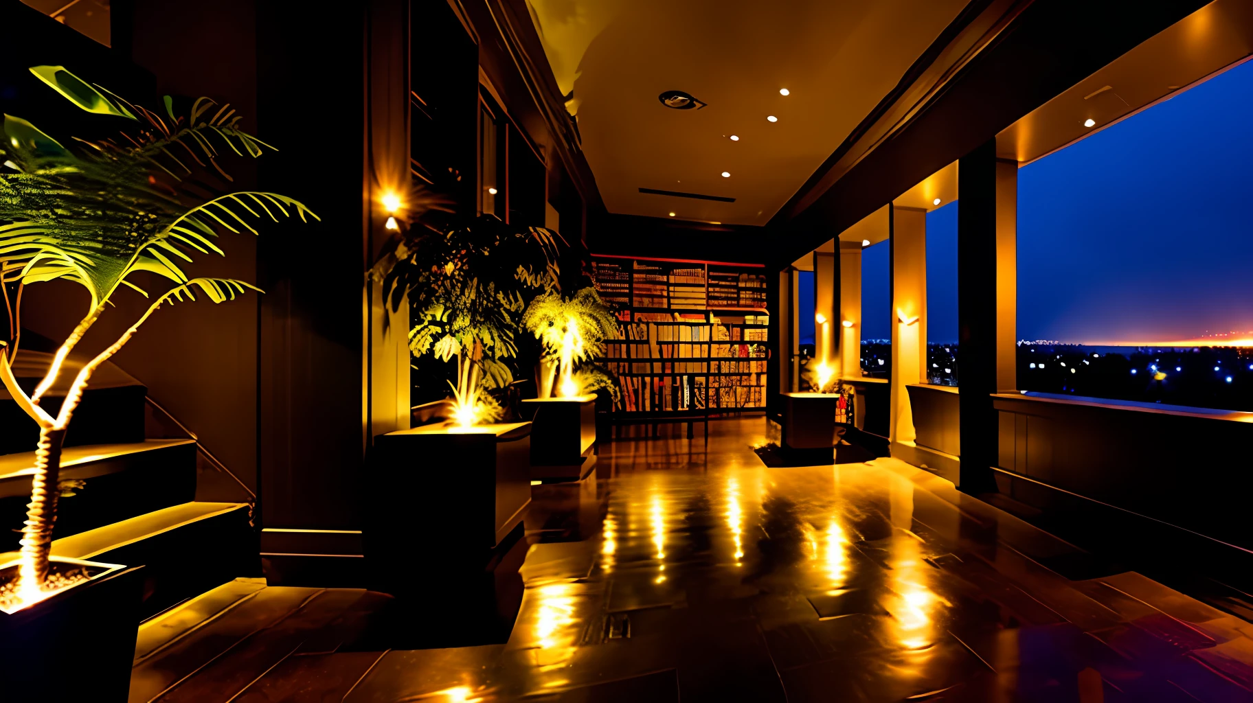 Modern library,It was dark and rainy nights outside,(Foggy and rainy nights:1.2),Pacific Northwest,(Dim lighting:1.4),(Moody lights:1.2),plant,Large plants,Rainy Weather,Monstera,Many plants,(Foggy windows:1.2),Masterpieces,best qality,Twilight,(nighttime:1.4),Rainy night,after sunset,