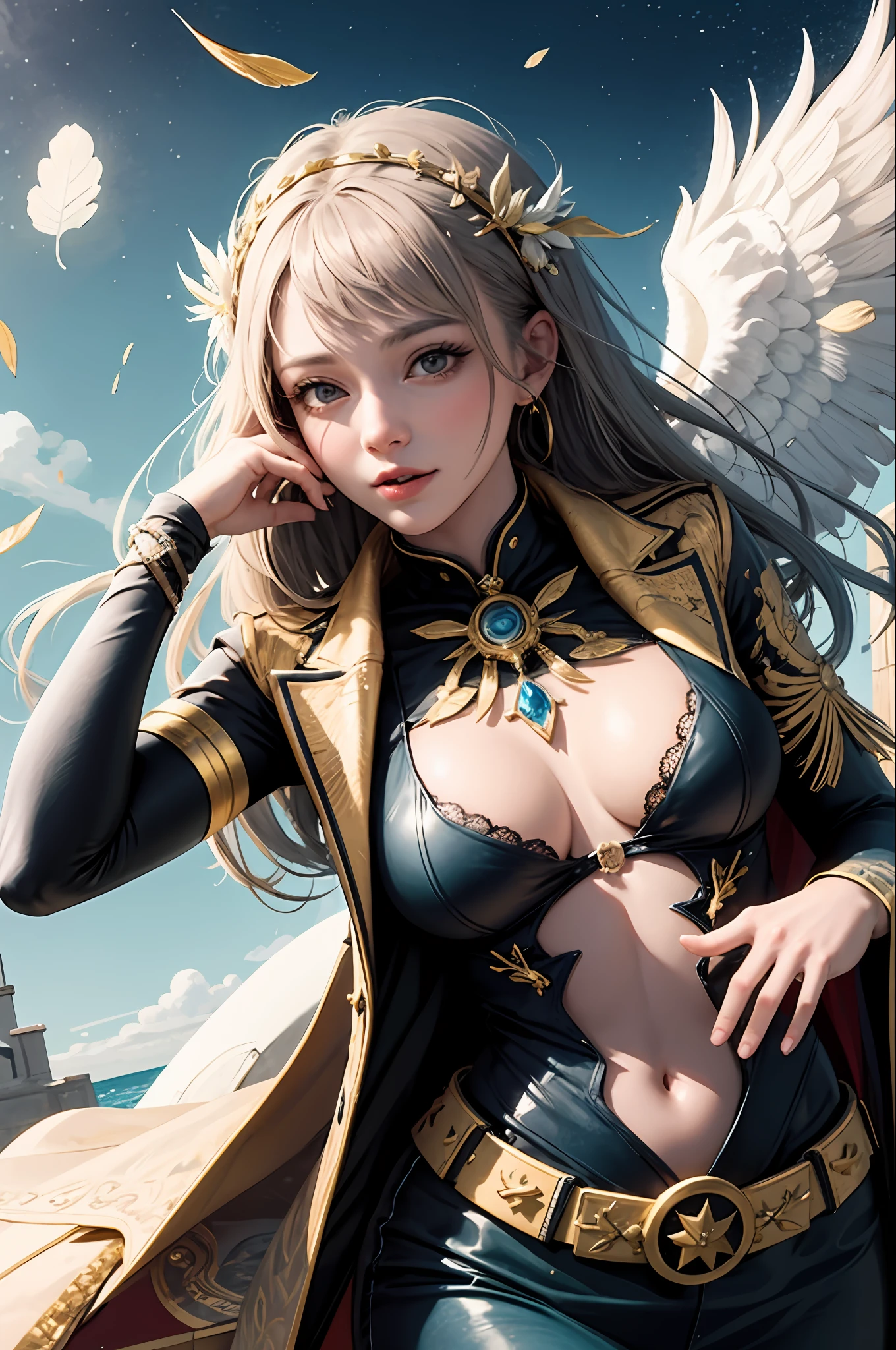 chest shot , video game , little sweat (sit single sofa, lie : 0.1)(drunk face flushed:0.6)(holding a colorful detial feather fan )(fluorescent clothing)(right index finger close to lips:0.6)(hand behind head:0.2)(squat on the ground :0.1), (one eye wink:0.3) (Detailed rich feathered belt)(star mark on face: 1.5) (perfect face:1.5) (1 girl:0.6)(two girl:0.1)photorealistic (back wrap skirt)(white and  color hair:1.2) ,angel ring on head , sakura skirt,(petal fly:1.1) angel ring on head , silk scarf wrapping flying (show lace panties: 0.7), big eyes, (Busty boobs:0.8) (perfact Busty boobs : 0.5), shadow on body，lifted up  ,  (moon and many star in the background), ((look at top)), smiling, (two color hair mix), (dancing), active, best anatomy: 1.6, Unreal Engine 5, best quality, very detailed, detailed background, , Best Anatomy, Illustration, Ultra HD, RAW, (PureErosskin_V1:0.0), (ulzzang-6500-v1.1:0.0), Wildcard Prompt: (Masterpiece), (Best Quality ), ((super detailed)), illustration, (detailed light), cinematic light, cute girl, flying hair, playful smile, light hair, pastel painting, art nouveau, In Full Growth, Cinematic Light, Ultra Detailed, Detailed Face, Realistic Face, Detailed Eyes, Realistic Eyes, Sweet Lips, Bright Smile, ((Flying Hair: 1.1, Sharp focus, handsome, long-legged, thin, professional lighting, rendered eyes, hair accessories, (Asian Idol), architecture, birds and butterflies and bubbles in the air, lower boobs, navel, celestial body, in road side, nice Idol, ( Above the waist),  (perfect face:1.3), 18y, magic castle, car ,(best quality), perfect Eye,（Masterpieces，Top quality，best qality，offical arts，Beautiful and aesthetic：1.2），（1girl），Extremely detailed，Colorful，Highest verbose，offical arts，统一 8k 壁纸，super-detailed，Beautiful and aesthetic，beautiful，Masterpieces，best qality，（zentangle，a Mandala，Tangles，Entanglement），Holy Light，Gold leaf，Gold leaf art，Flash map，PerfectNwsjMajic