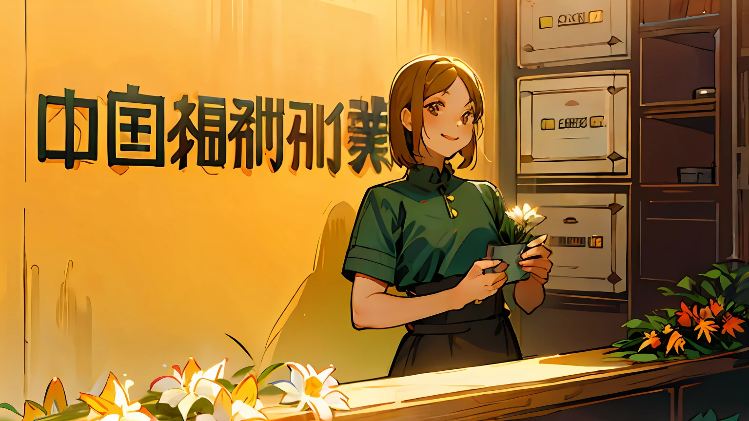 Young girls，shop assistant，smiles，Dark hair，Small safflower，Give it away，Table，Lots of flowers，A clump