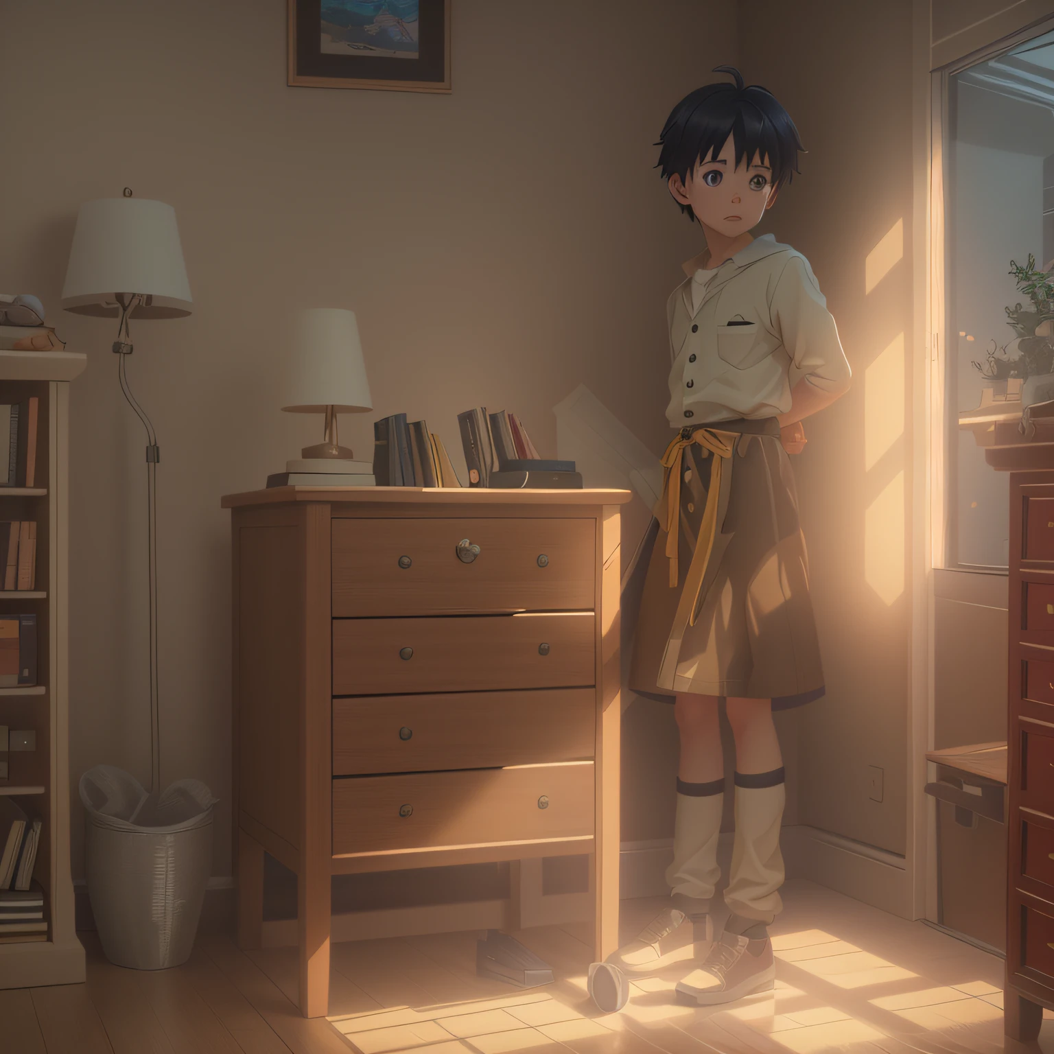 A cartoon boy in a room with a bookcase,digital render,Octane rating rendering,Realistic 3D anime style,Soft illumination,realistic afternoon lighting,in style of makoto shinkai。