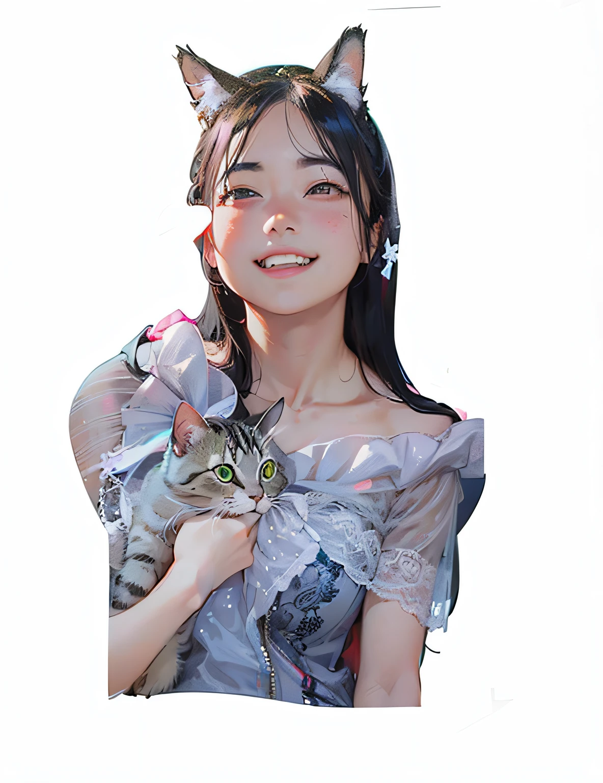 A dark-haired girl smiled,Has cat ears,Girl in pink gauze skirt skirt,Holding a striped cat of a short breed,Girls and cats have the same ears