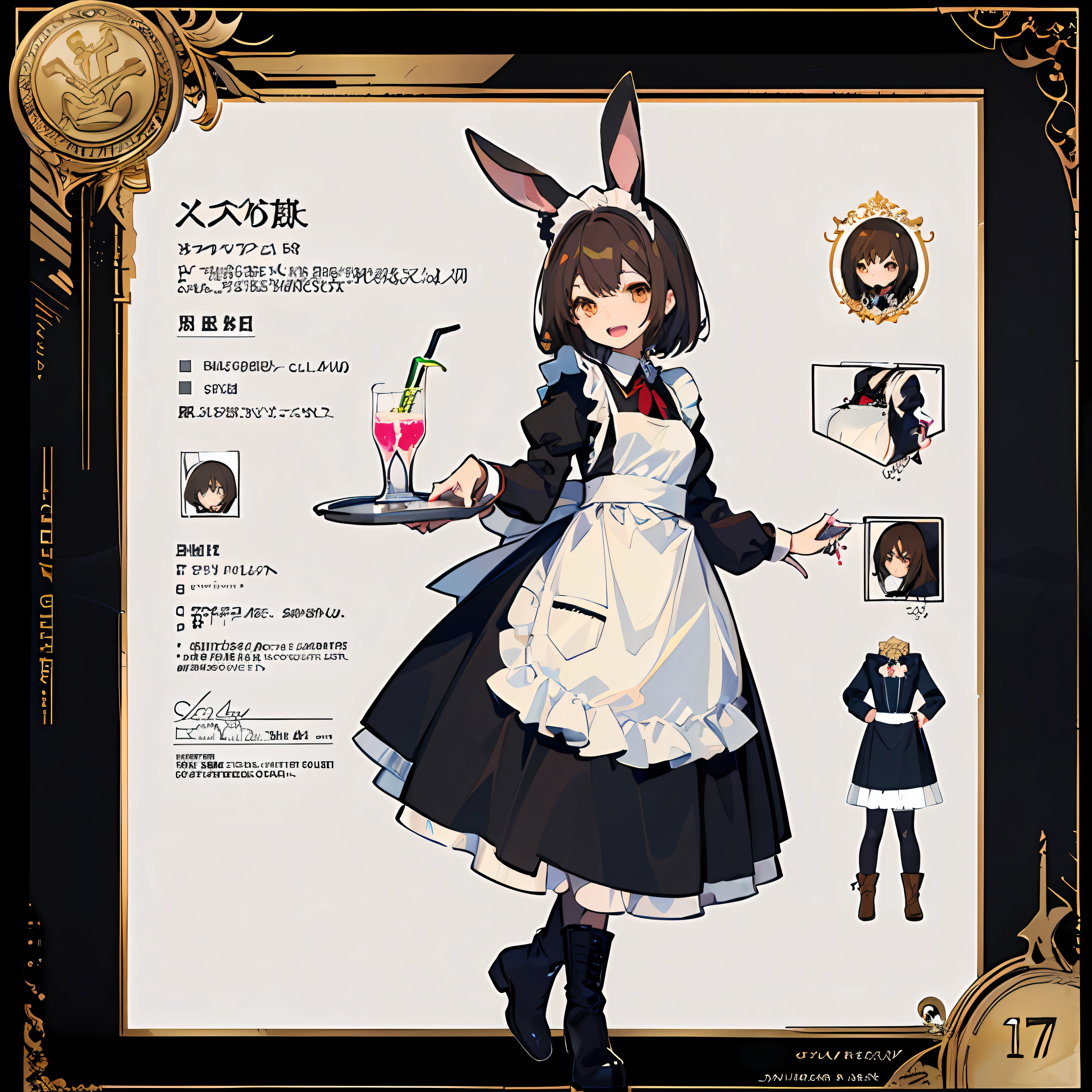 (Ultra fine illustration:1.2)( Perfect anatomy:1.4), hyperdetail, ultra- detailed,Beautiful,1girle, solo,( Concept art:1.5), (Small breasts, long sleeve, Light Smile, Open mouth, , Brown hair, Short hair, cat ear, Golden eyes,, Black blouse, long sleeve, maid, maid apron, White Apron, Boots, Slender girl:1.2),(The girl is carrying the Glass with soda on a tray, Full body),(juice, Glass, soda, ice in glass),White background,Rabbit-eared girl
