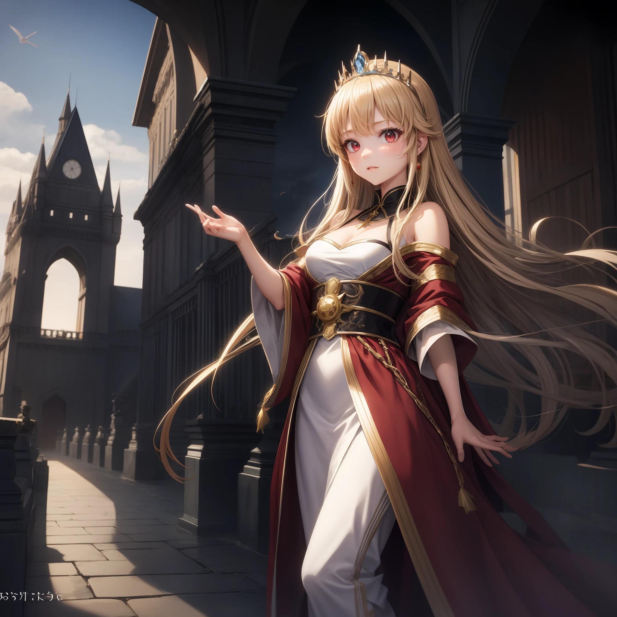 anime、The girls、red-eyed、blond hair、Princess、robes、Western castles、tiara