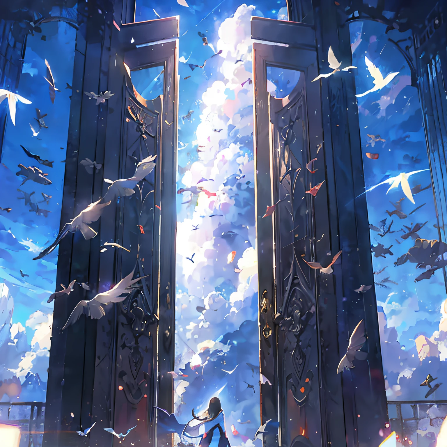 There was a woman standing in the doorway,Birds fly around, heaven gate, heaven gate, heaven gate, Beautiful anime scene, heaven gate, magic portal in the sky, doves flying into the portal, anime beautiful peace scene, anime epic artwork, makoto shinkai cyril rolando, anime clouds, Anime background, beautiful anime artwork