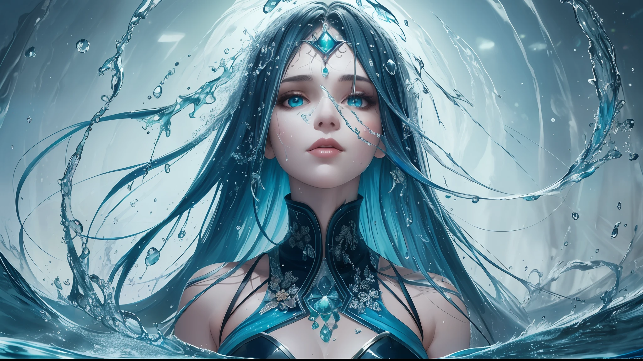 a half-length portrait of a woman made of water, half-body submerged in water, in a lake, turquoise hair representing a waterfall, wet, drops of water on the face and body, natural body posture, rain, Art of Alberto Seveso, symmetrical, abstract art style, complex and intricate watercolor painting, sharp eyes, digital painting, color explosion, concept art, volume lighting, TanvirTamim, metallic reflections, 2d rendering, 8k. by artgerm, trending on artstation