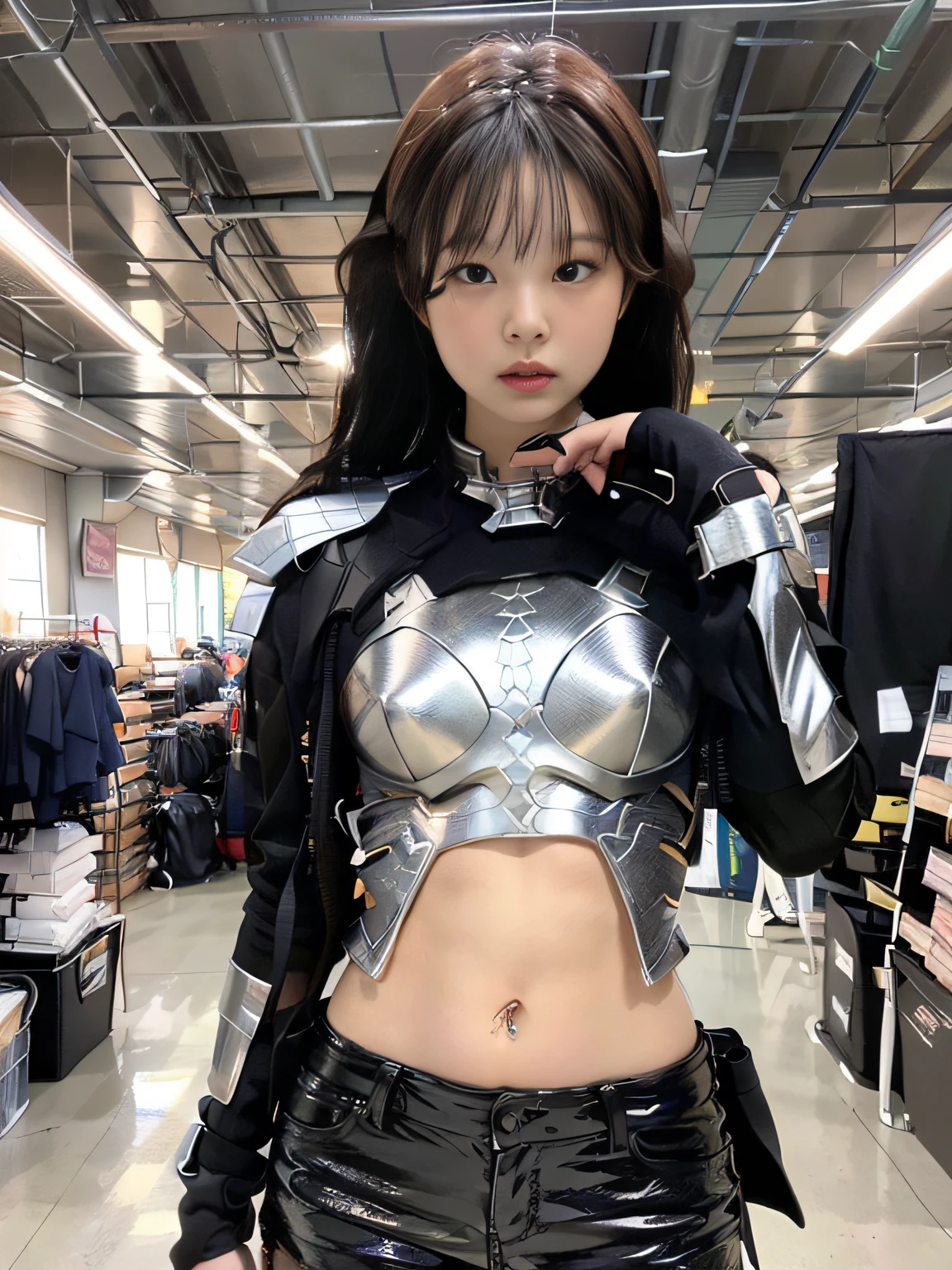 (1girl:1.3), Solo, __body-parts__, Kim Ji-ni Jennie Face, Marvel Style, Hero Characters, Future Battleship, Ruins Breakage, Laser, Full Body Shot, Mech Top, Leather Pants and Shorts, Motorcycle, Gray and Black Tone, 8K Resolution Image, Intricate Symmetry Details. The whole picture is invincible and heroic, mainly a complete picture of a woman standing all over her body, with smooth movements and a confident expression