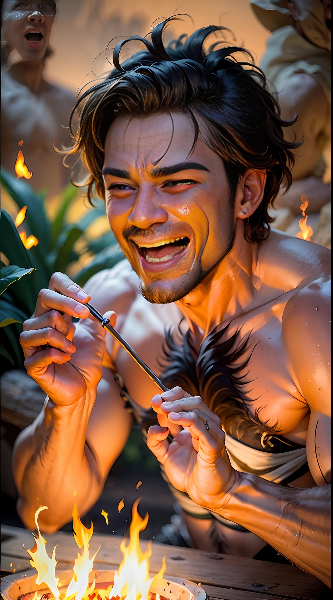 cavemen discovering fire, incredible happiness, admiration, joy, thrill and excitement on his face