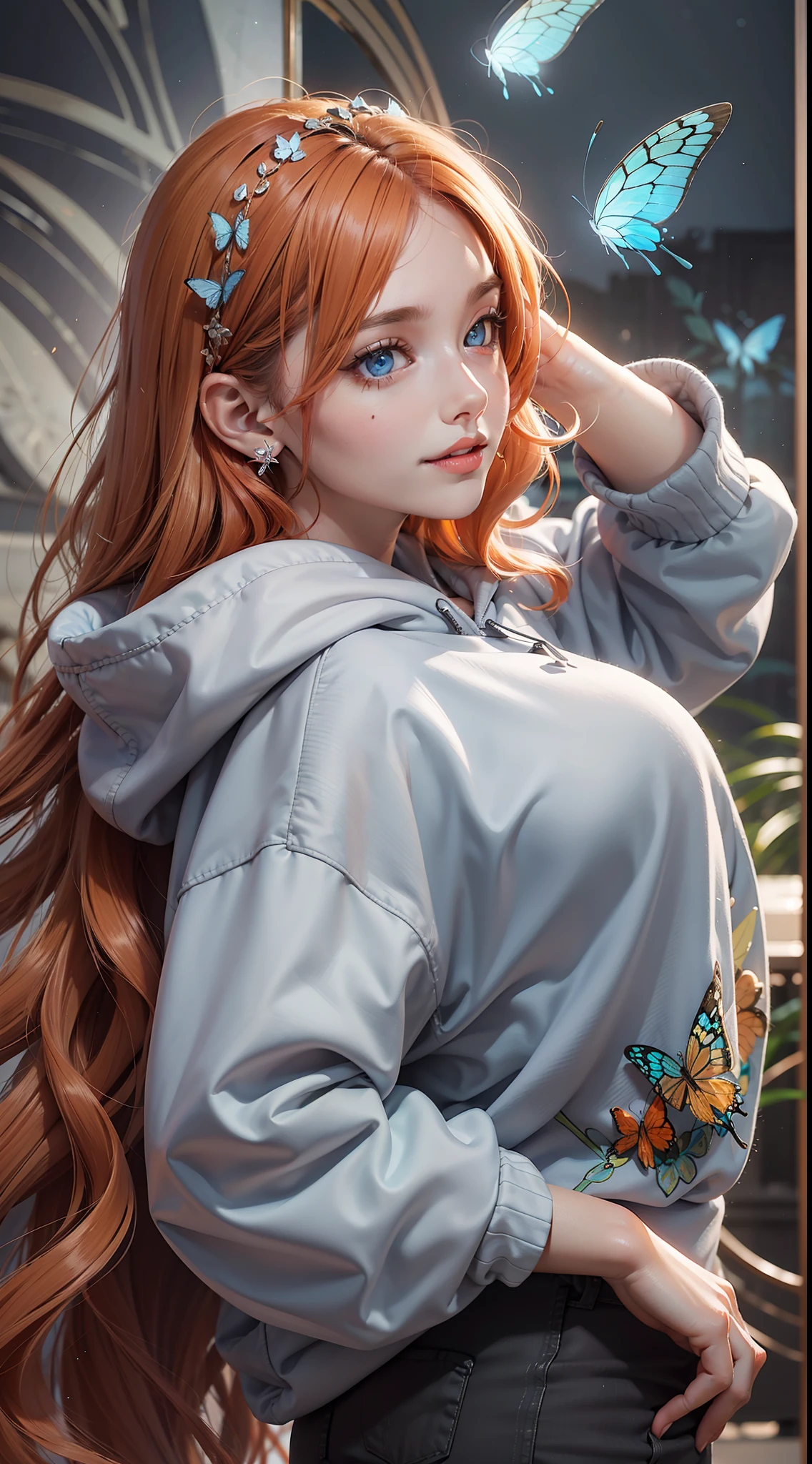 (Very detailed 8K wallpapers), medium shot, A girl with long orange hair, blue eyes, in a voluminous hoodie, voluminous pants, sweetheart. A beautiful butterfly sits on her nose, the girl is surprised and smiles. The girl looks 17 years old, intricated, high detailed, dramatic