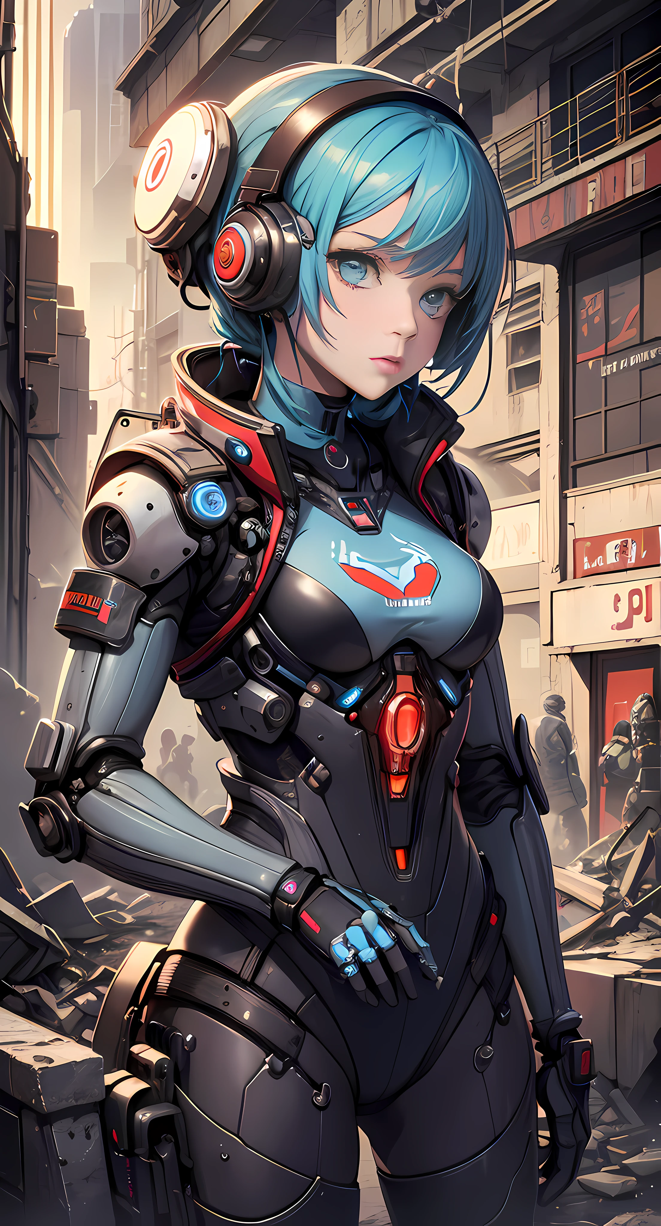 best-quality,Masterpieces,Ultimate resolution,Colorful,Colorful,(Cyberpunk style),A mechanical girl,And her little robot,In an alien garden reborn in the apocalyptic wasteland,glad,pleasure,Bouquet in hand,Mechanical parts,ruins, bust,