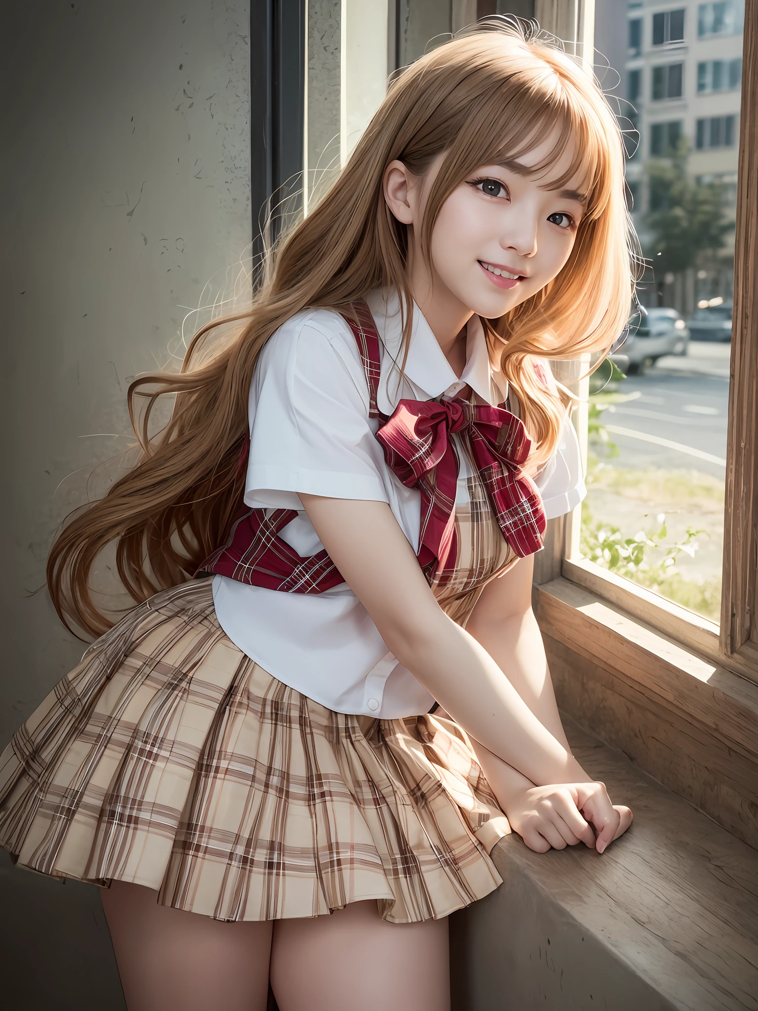 A Masterpiece、sthe highest qualit、Official Art、Highly detailed CG Unity 8k wallpapers、Like a schoolgirl、Very Delicate and Beautiful、hyper high resolution、(photo-realistic:1.4)、Golden Hour Lighting、(upper body)、(Platinum Shorthair:0.8)、(Puffy eyes)、Watch your audience、Facing the front、laughing、JK Skirt、White dress、Shirt Lift Long Brown Hair
