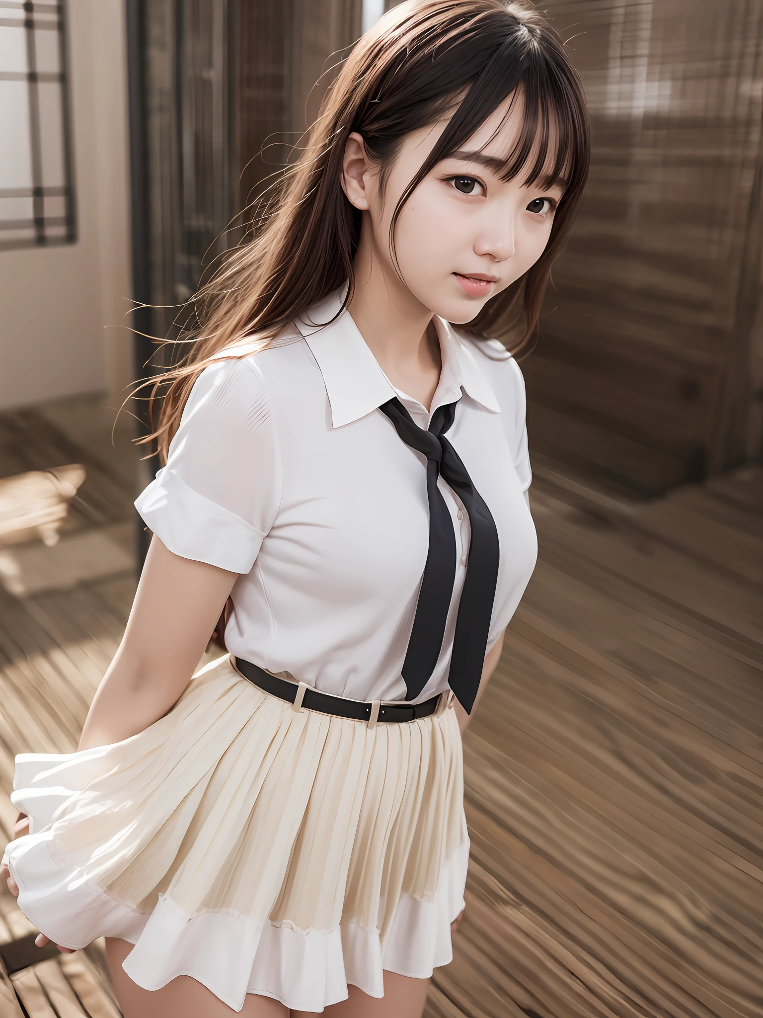 A Masterpiece、sthe highest qualit、Official Art、Highly detailed CG Unity 8k wallpapers、Like a schoolgirl、Very Delicate and Beautiful、hyper high resolution、(photo-realistic:1.4)、Golden Hour Lighting、(upper body)、(Platinum Shorthair:0.8)、(Puffy eyes)、Watch your audience、Facing the front、laughing、JK Skirt、White dress、Shirt Lift Long Brown Hair